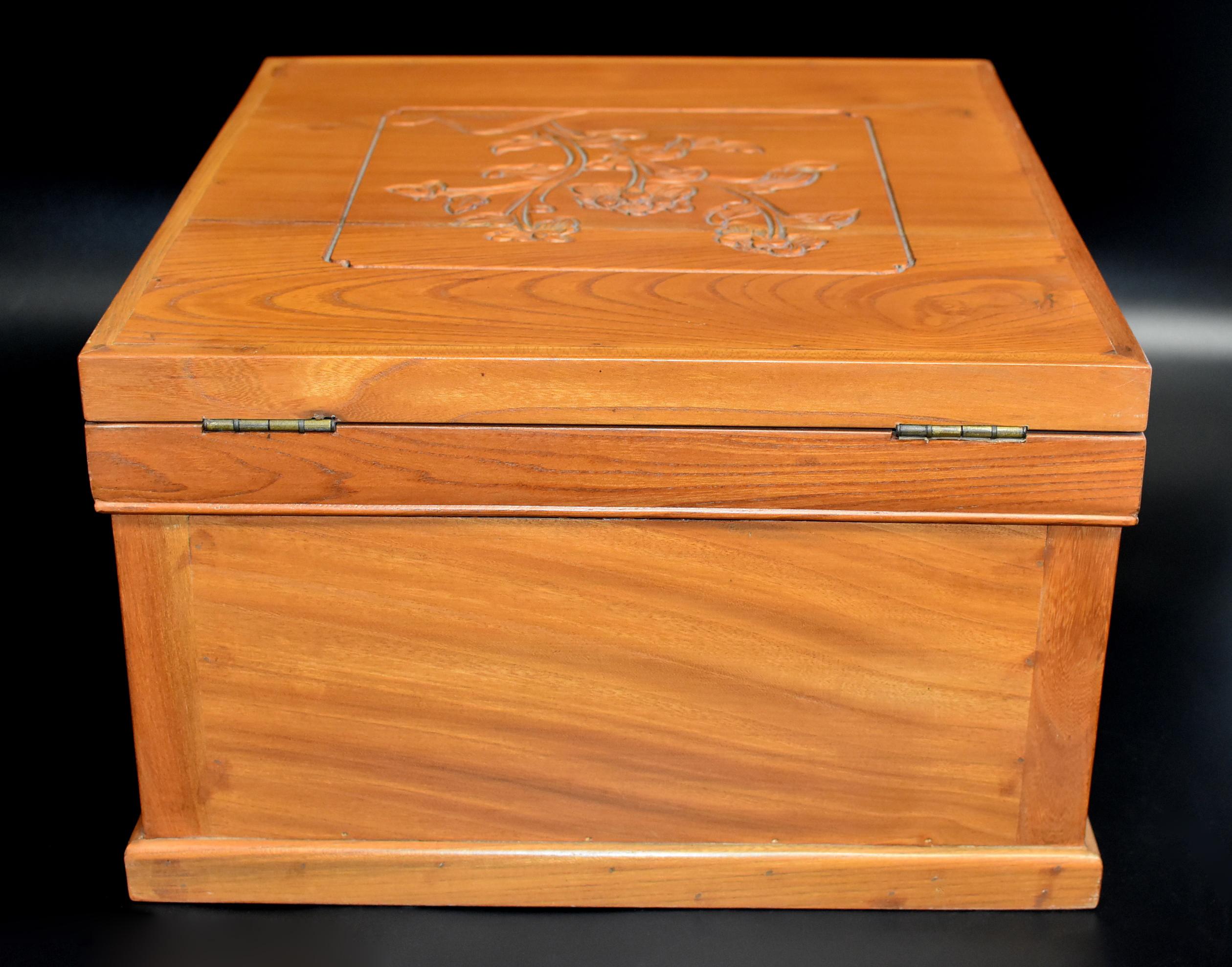 Chinese Solid Elm Jewelry Box with Carved Flowers For Sale 14