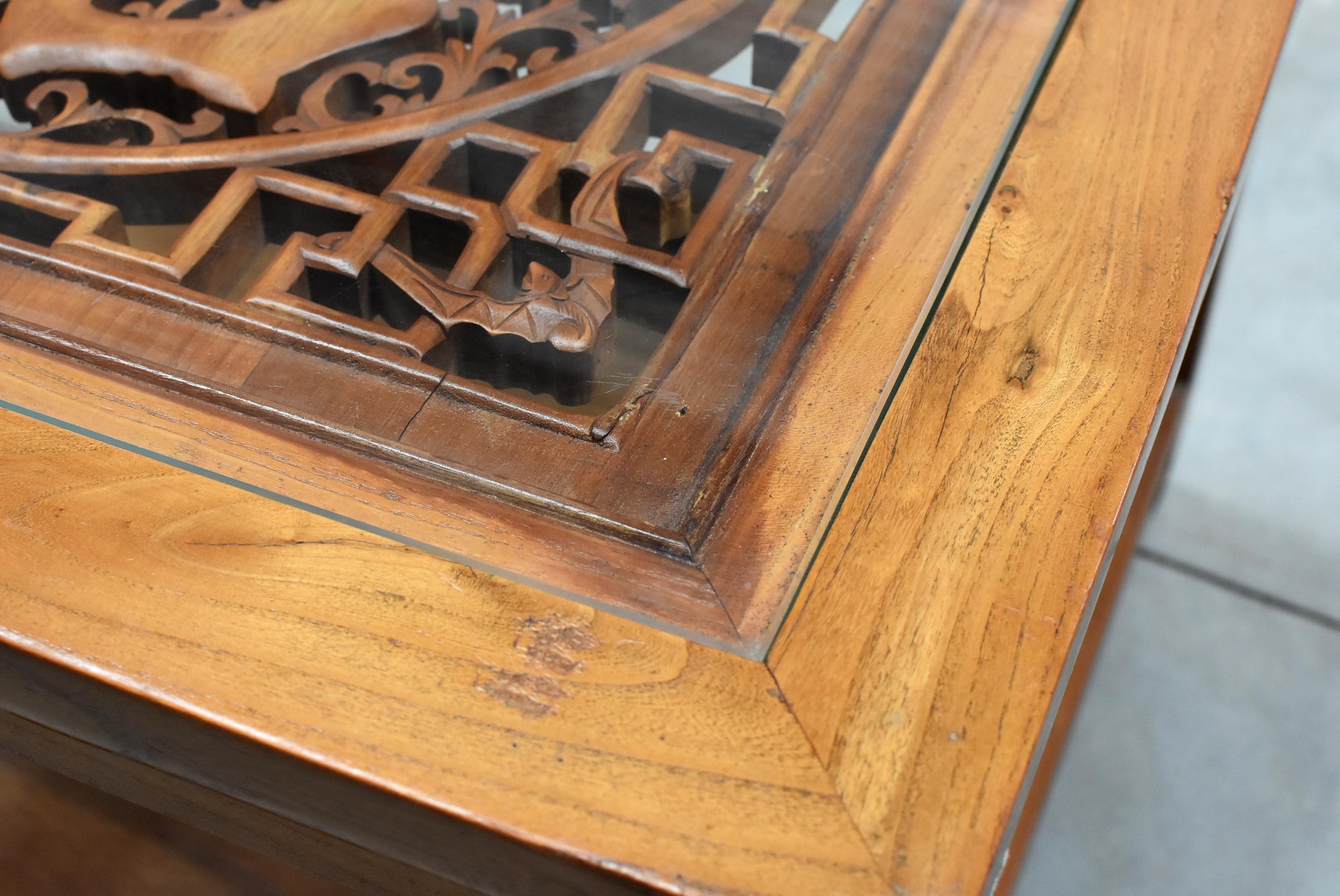 Asian Coffee Table Solid Wood Table with Carved Screen In Good Condition For Sale In Somis, CA