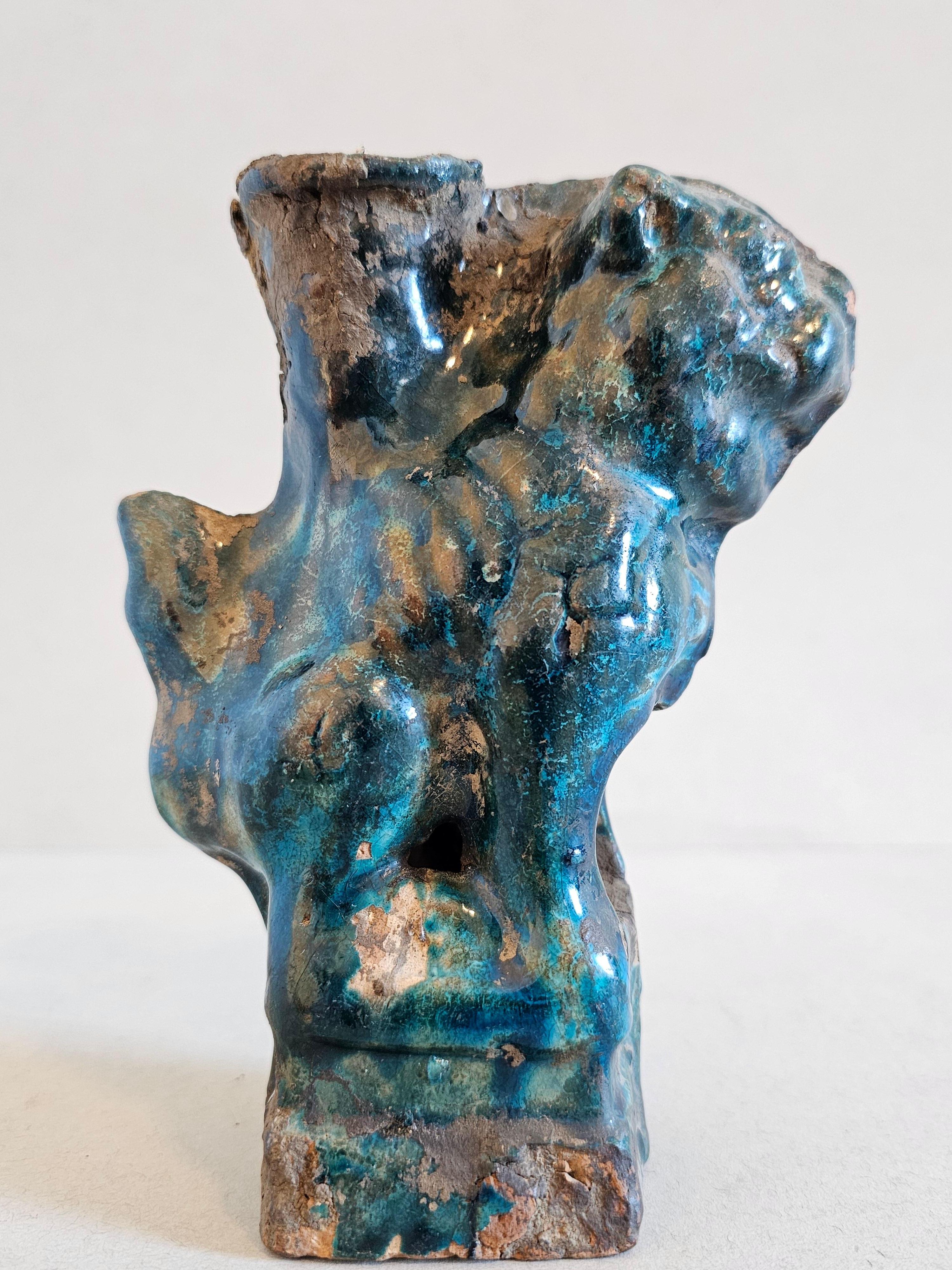 A rare and remarkable original Song (Sung) Dynasty (960 to 1279) dark turquoise blue glazed earthenware pottery joss stick incense holder. Likely Jun ware, Northern Song Dynasty (960 to 1127)

Hand-crafted in China over 1000 years ago, the Song