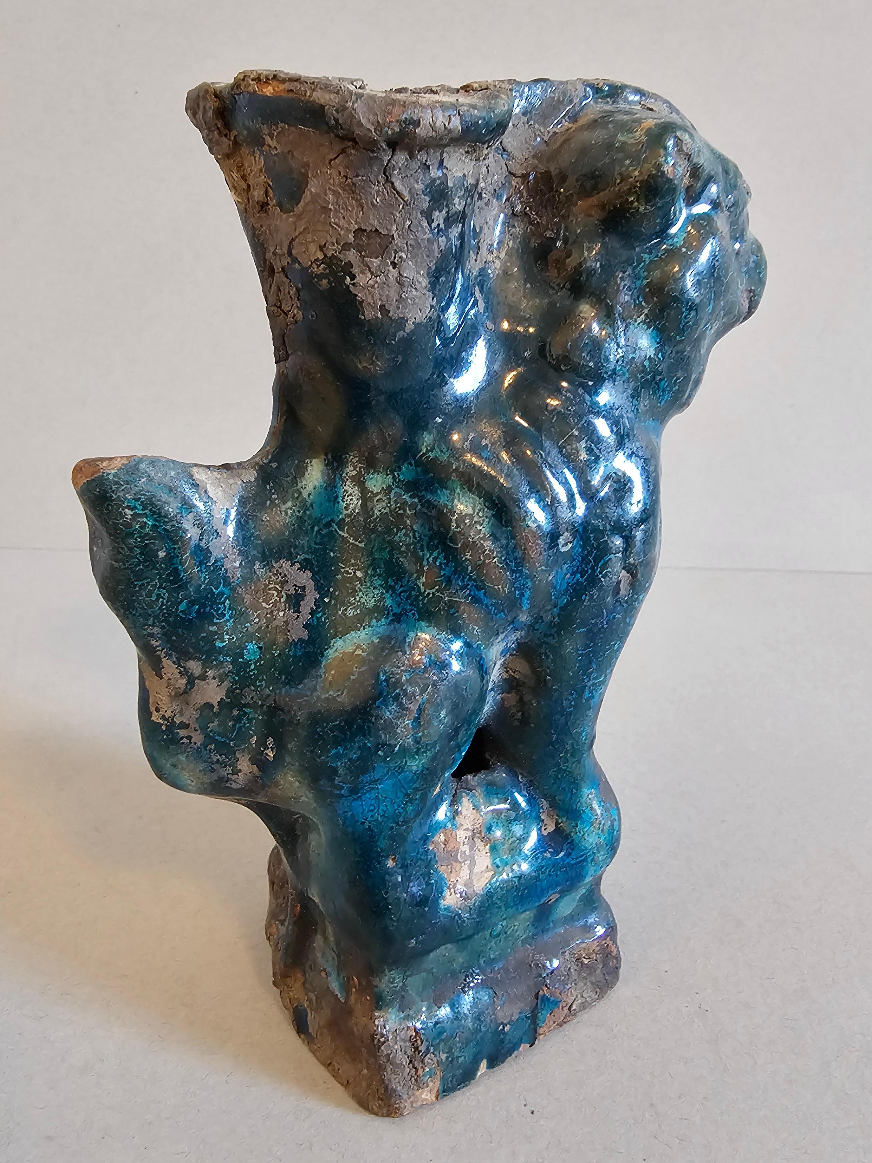 Earthenware Chinese Song Dynasty Blue Glazed Foo Dog Lion Incense Burner Figure  For Sale