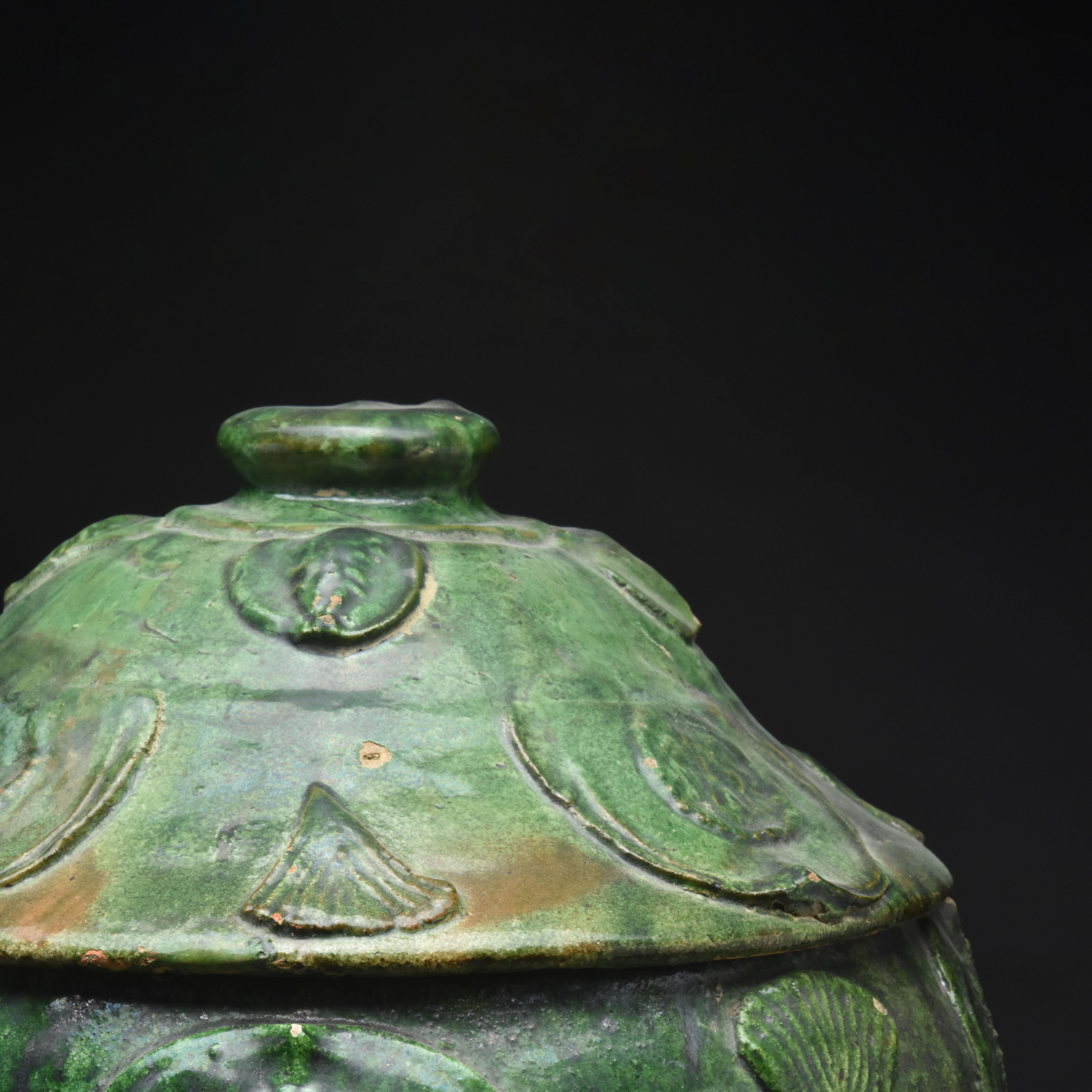 18th Century and Earlier Chinese Song Dynasty Green Glazed Buddhist Funerary Jar and Cover - TL Tested For Sale