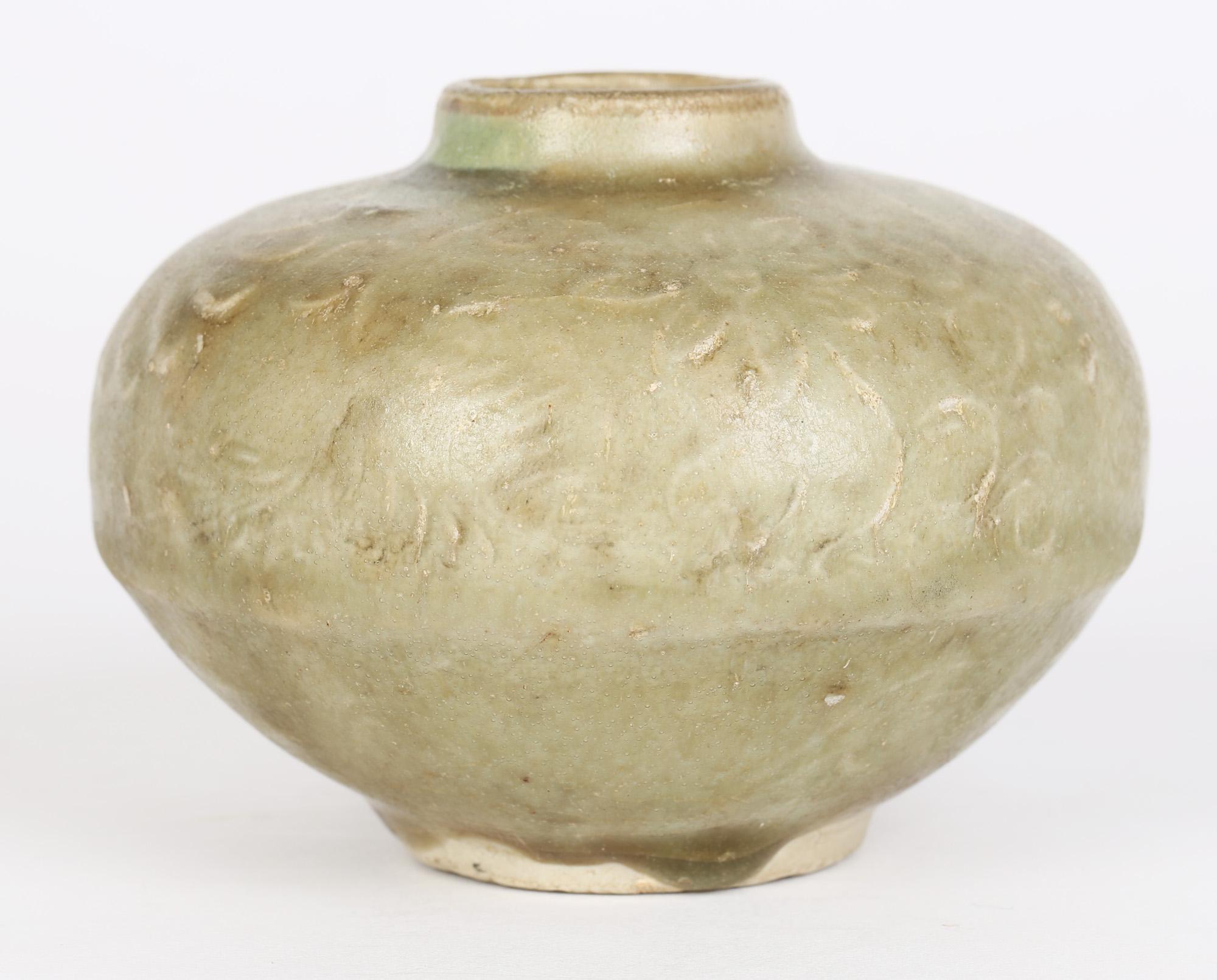 Glazed Chinese Song/Yuan Dynasty Flower Molded Longquan Celadon Pottery Jar