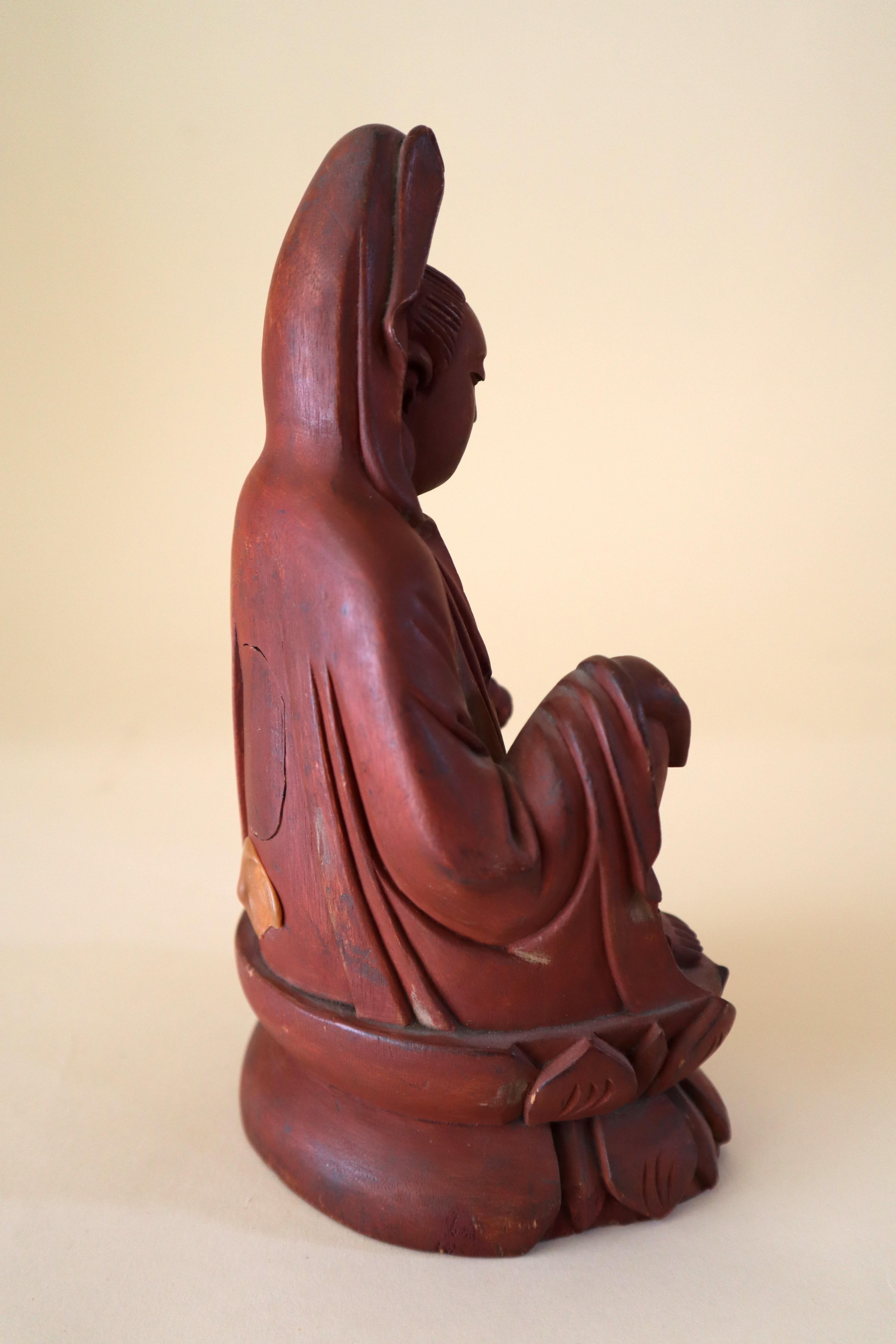 Qing Chinese Songzi Guanyin Wood Carving with Secret Compartment Quan or Guan Yin For Sale