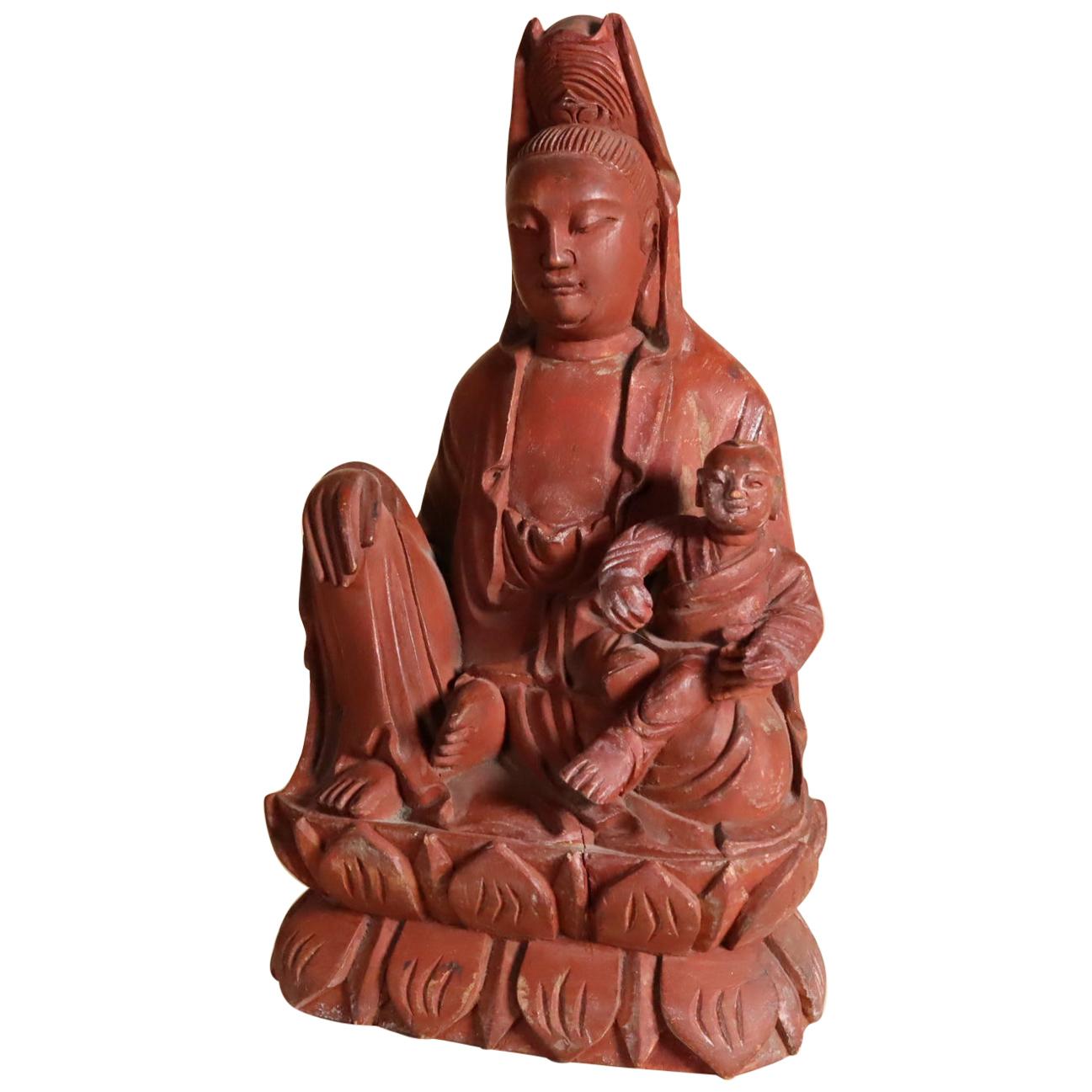 Chinese Songzi Guanyin Wood Carving with Secret Compartment Quan or Guan Yin For Sale