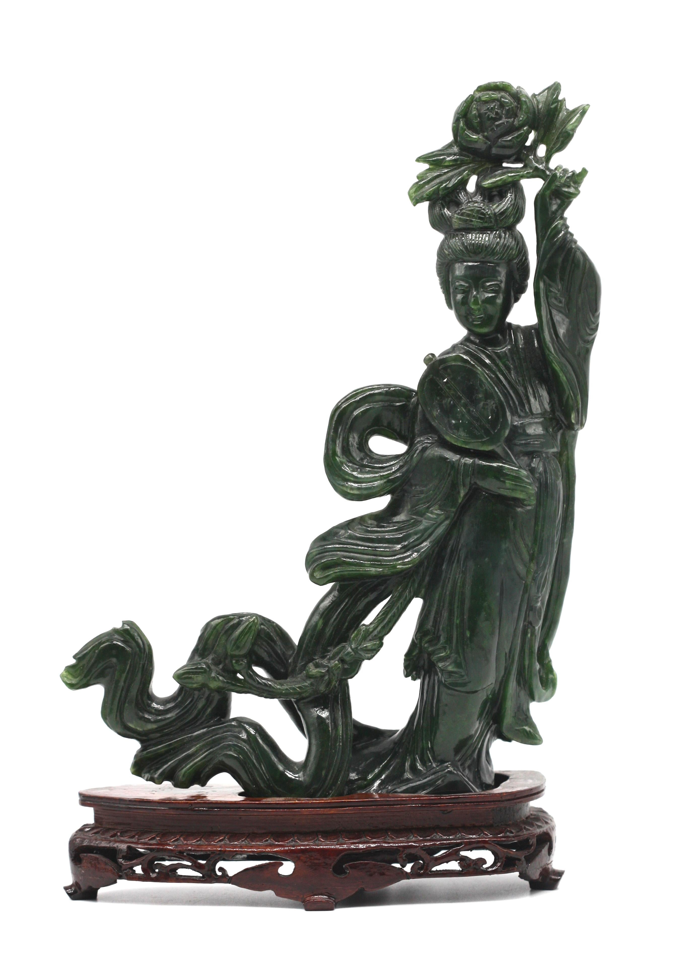 Chinese Spinach Green Jade Figure of a Beauty For Sale 1