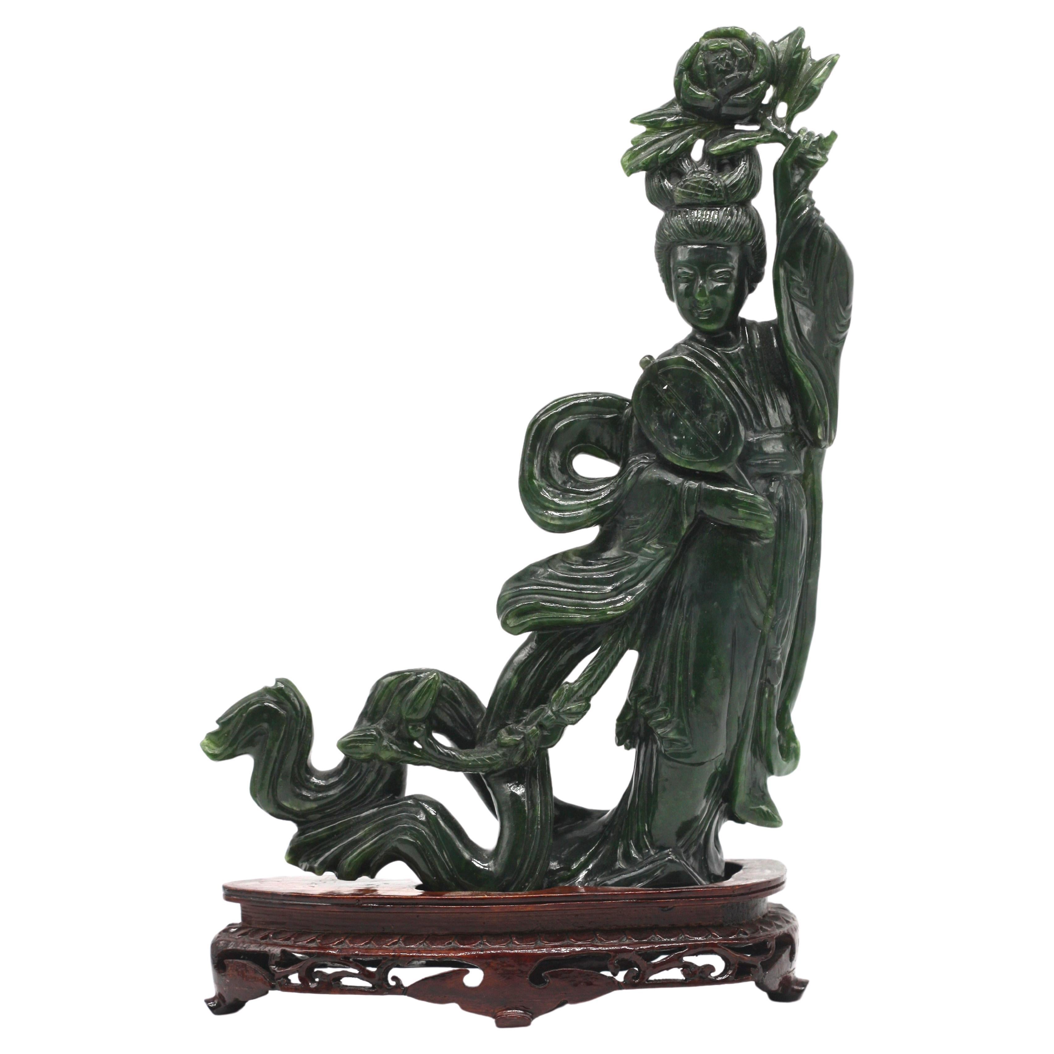 Chinese Spinach Green Jade Figure of a Beauty