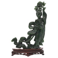 Antique Chinese Spinach Green Jade Figure of a Beauty