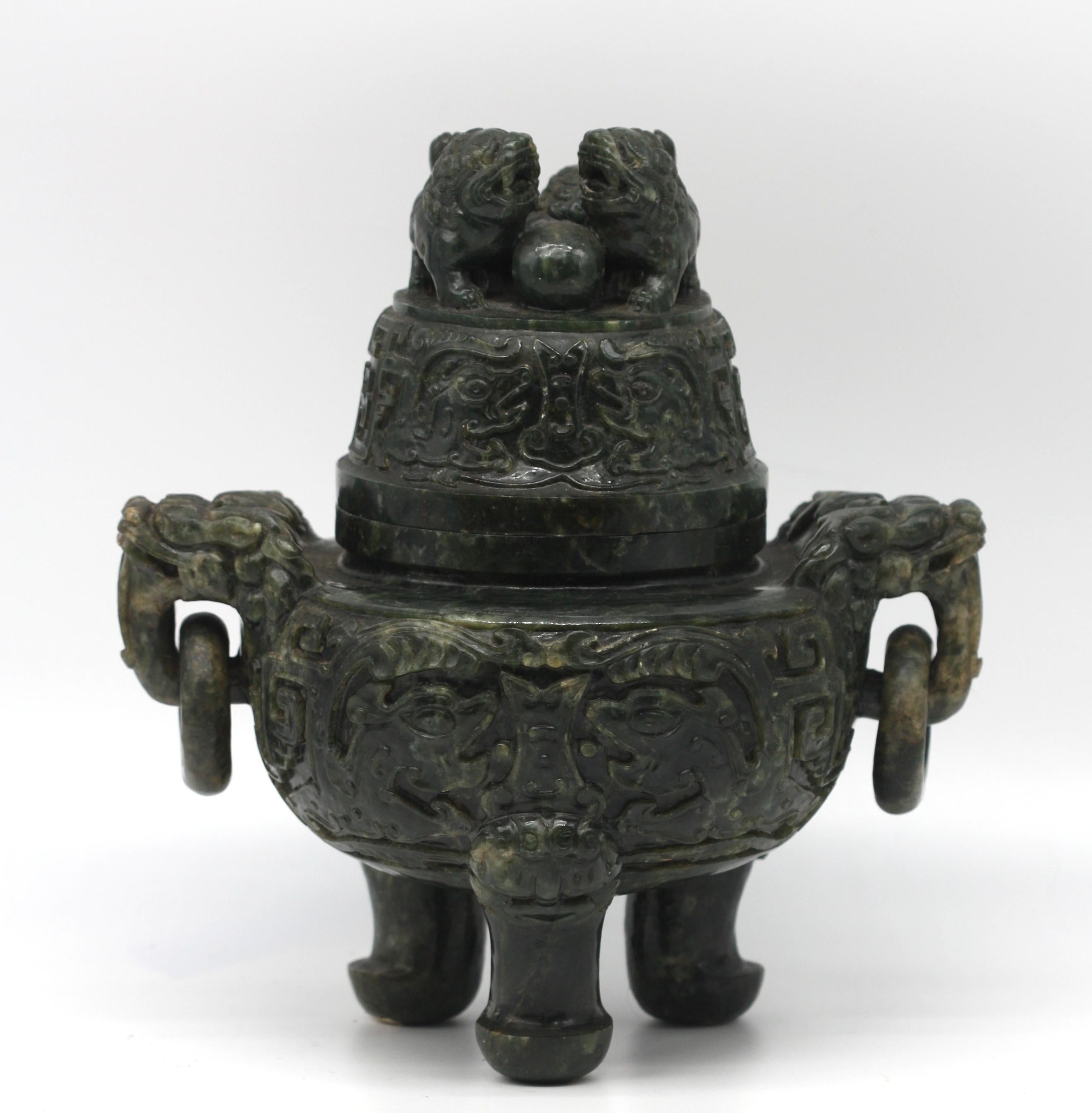Chinese Spinach Jade Covered Tripod Censor  In Good Condition For Sale In West Palm Beach, FL