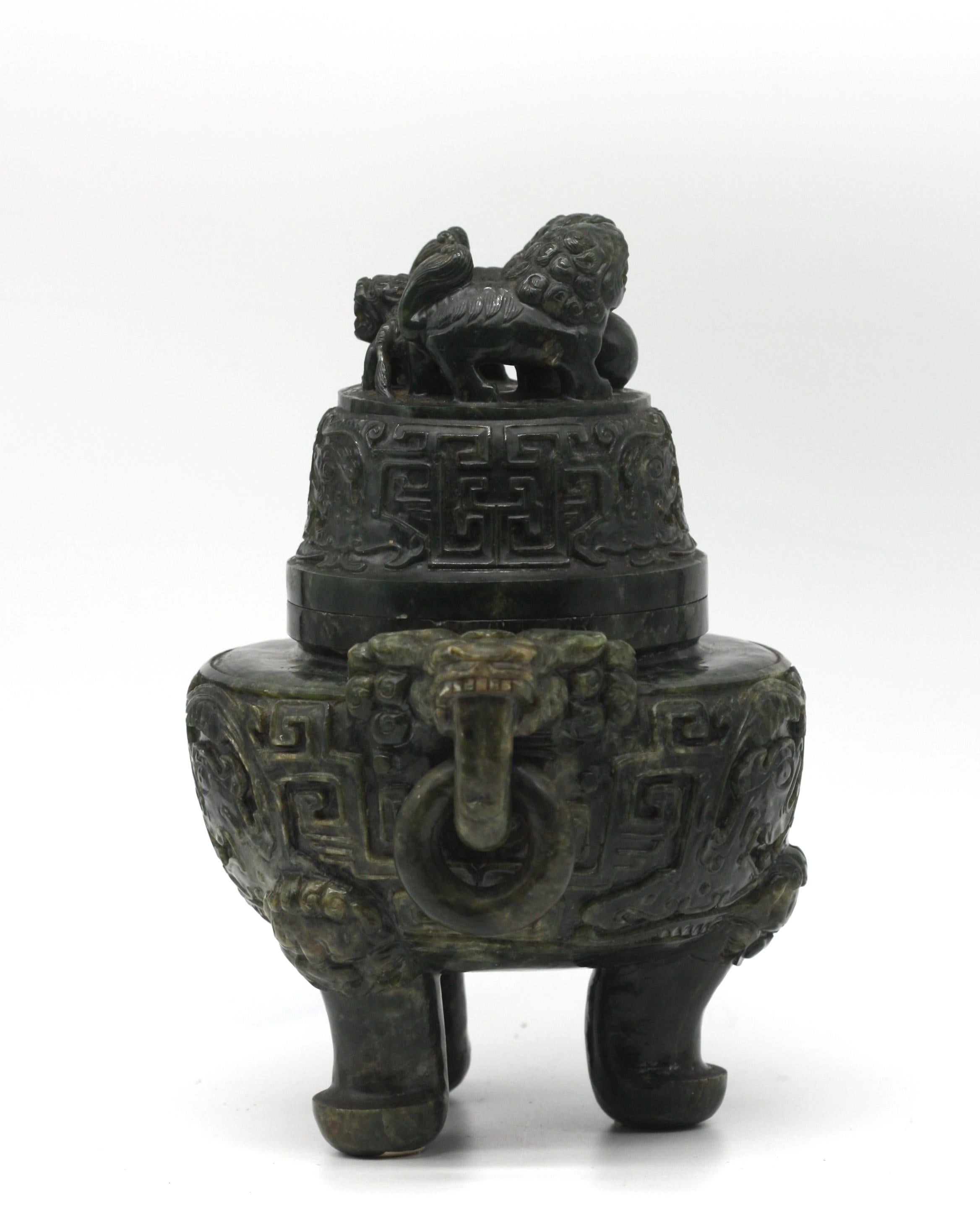 20th Century Chinese Spinach Jade Covered Tripod Censor  For Sale