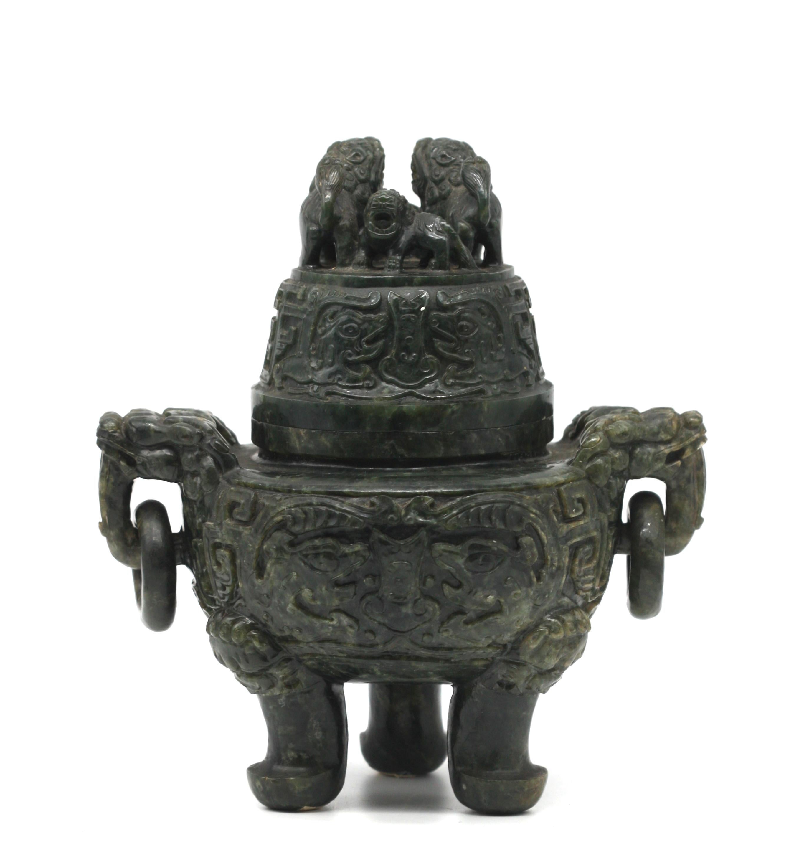 Chinese Spinach Jade Covered Tripod Censor  For Sale 3