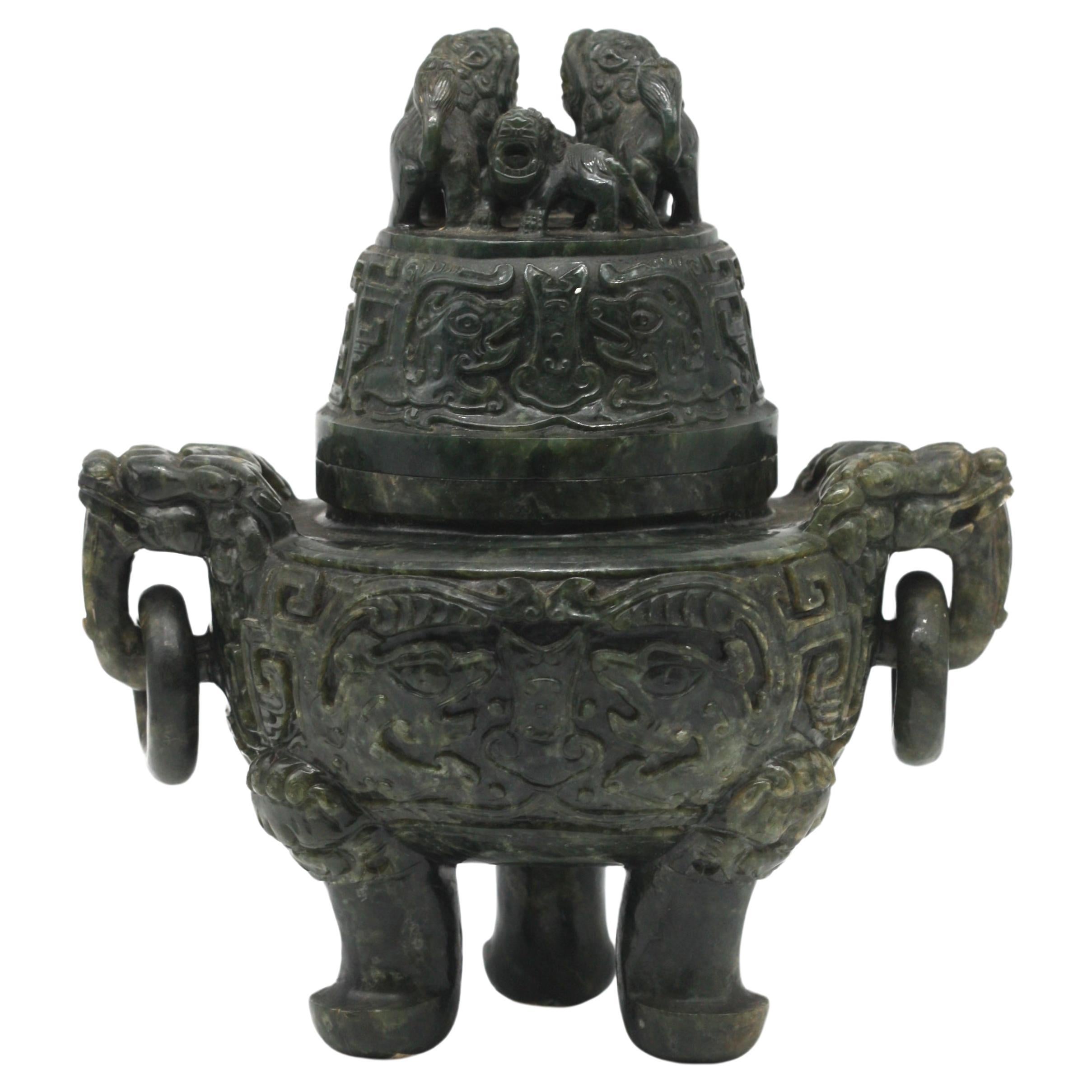 Chinese Spinach Jade Covered Tripod Censor 