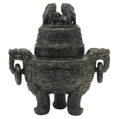 Vintage Chinese Spinach Jade Covered Tripod Censor 