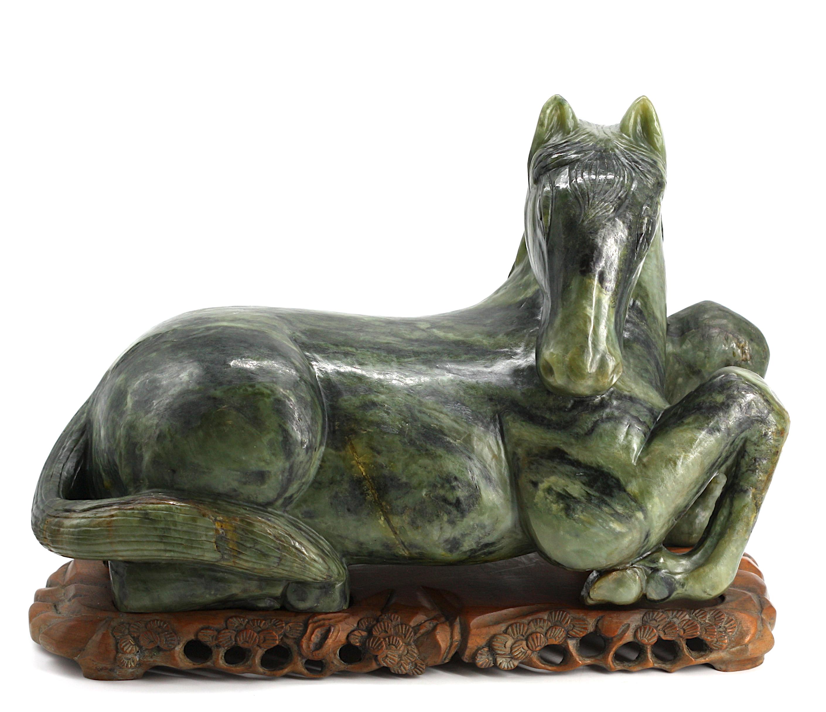 Chinese Spinach Jade Recumbent Horse For Sale 2