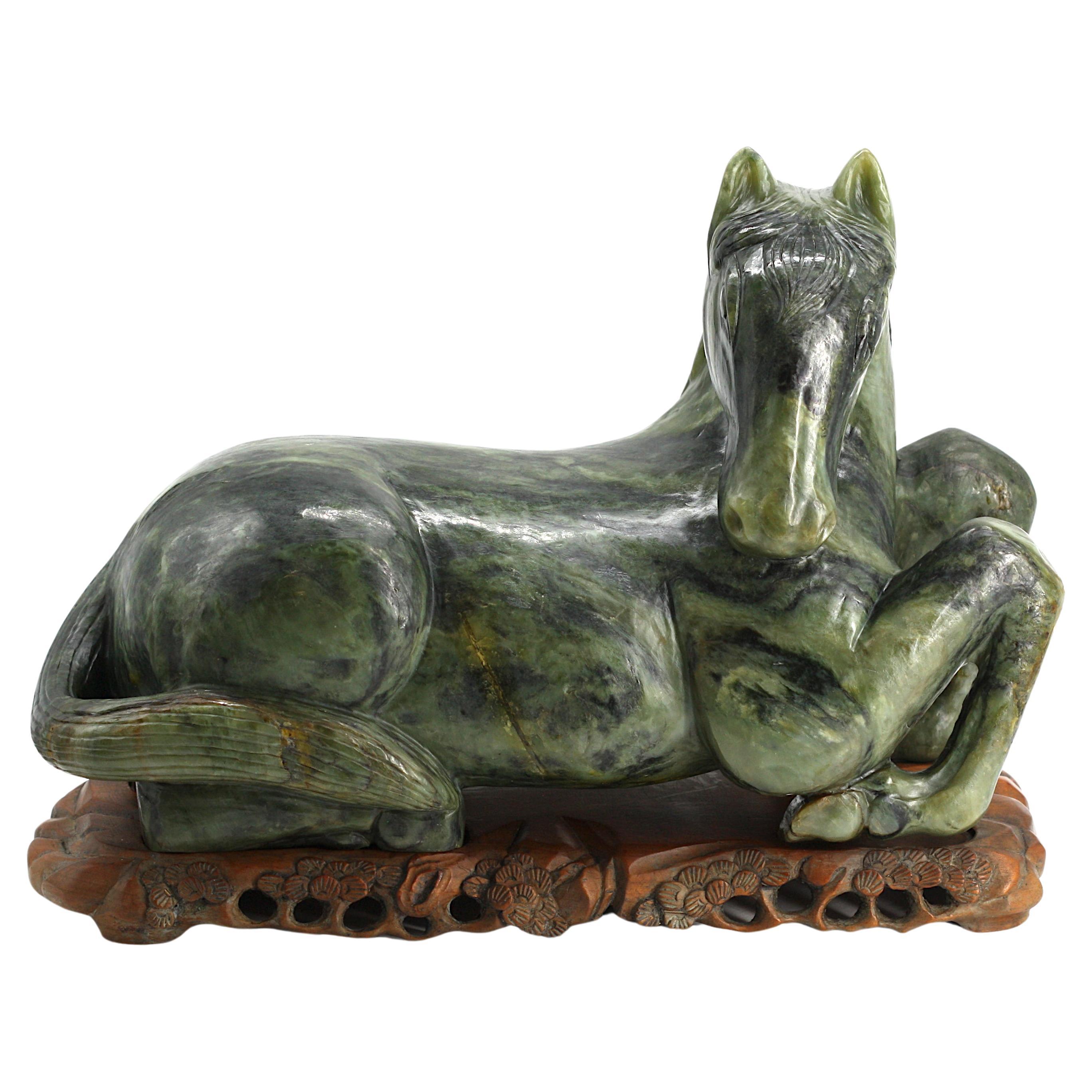 Chinese Spinach Jade Recumbent Horse