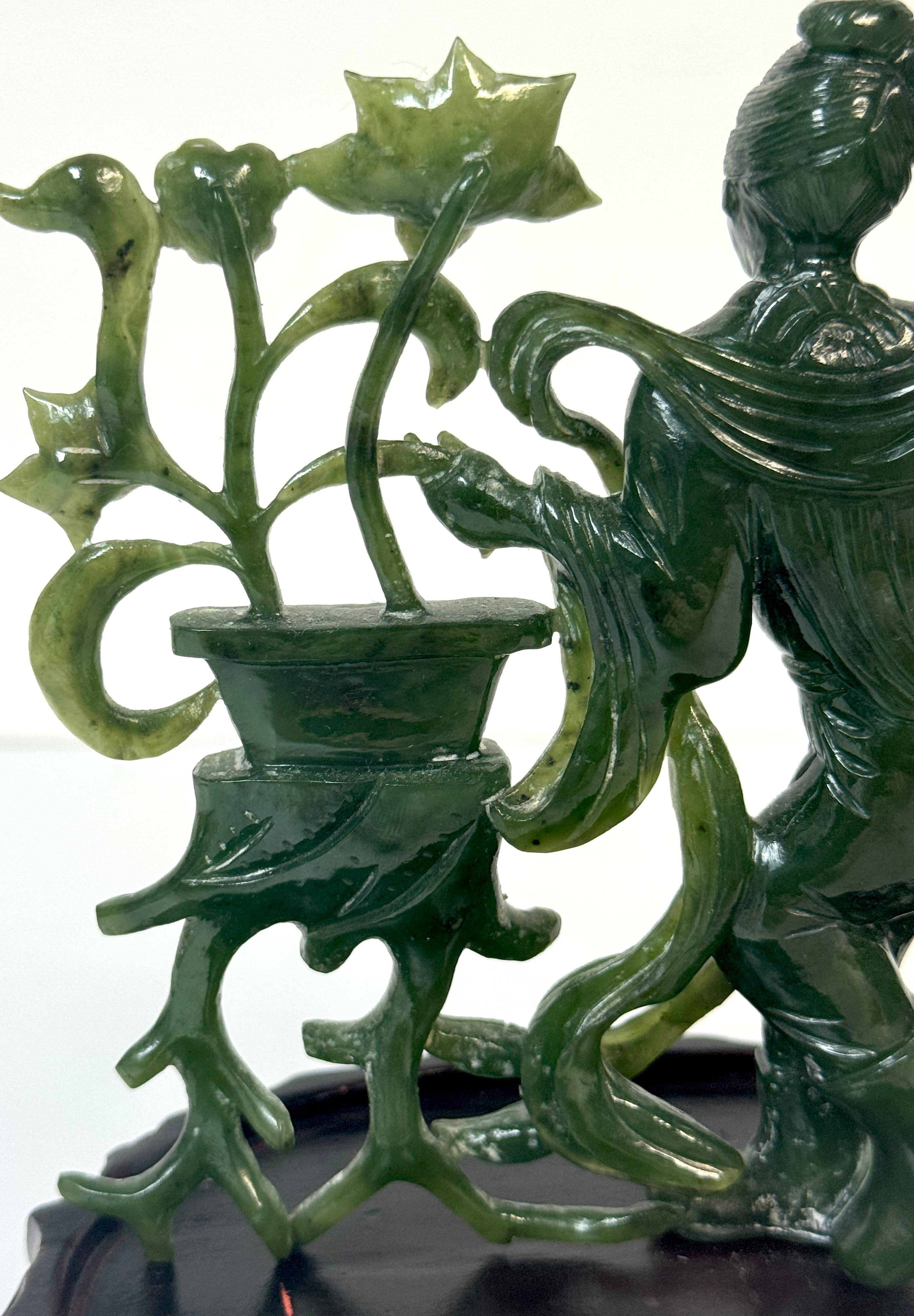 Chinese Spinach Nephrite Jade Immortal with Lotus, Mid-20th Century For Sale 6