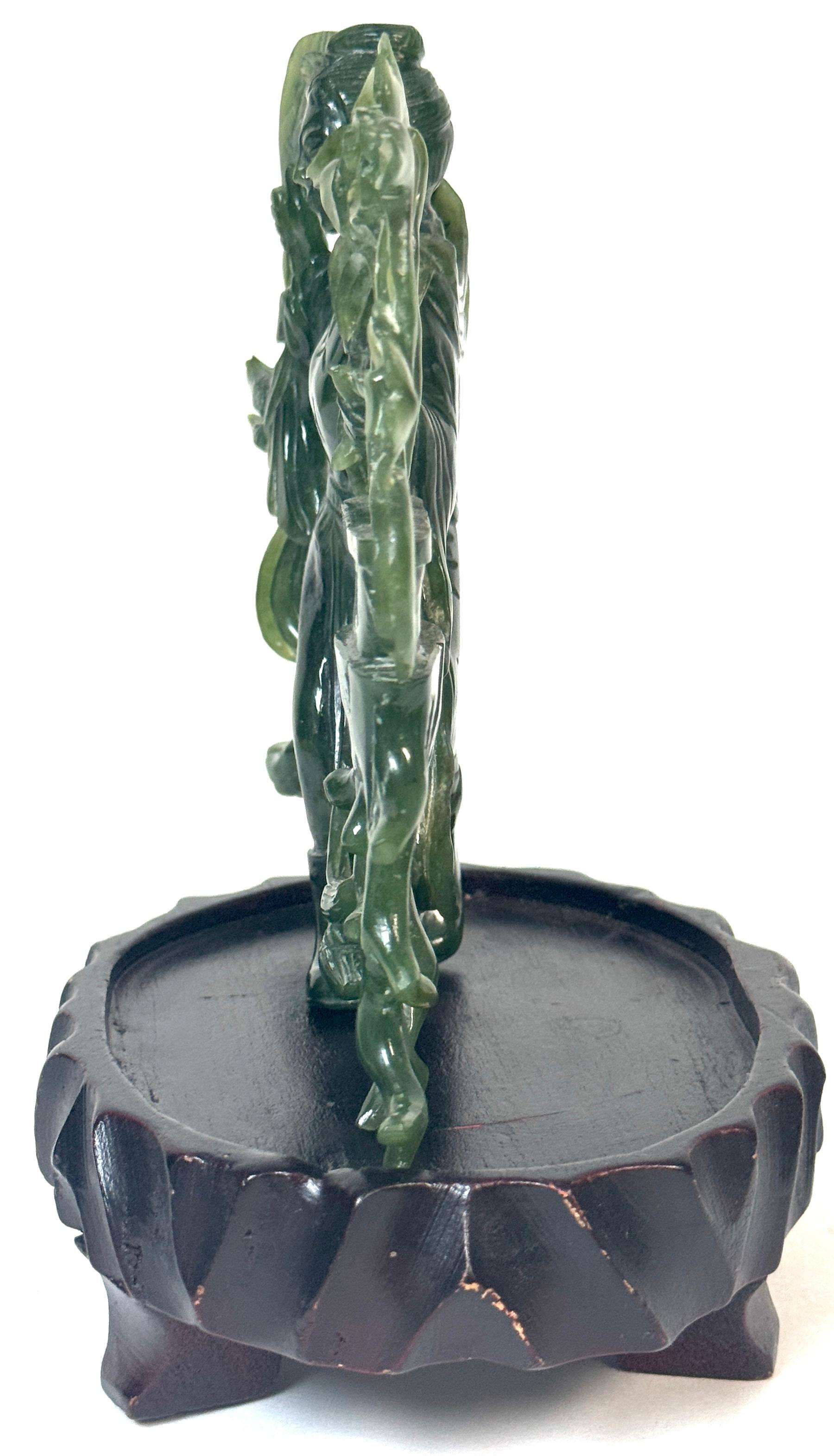 Chinese Spinach Nephrite Jade Immortal with Lotus, Mid-20th Century For Sale 7