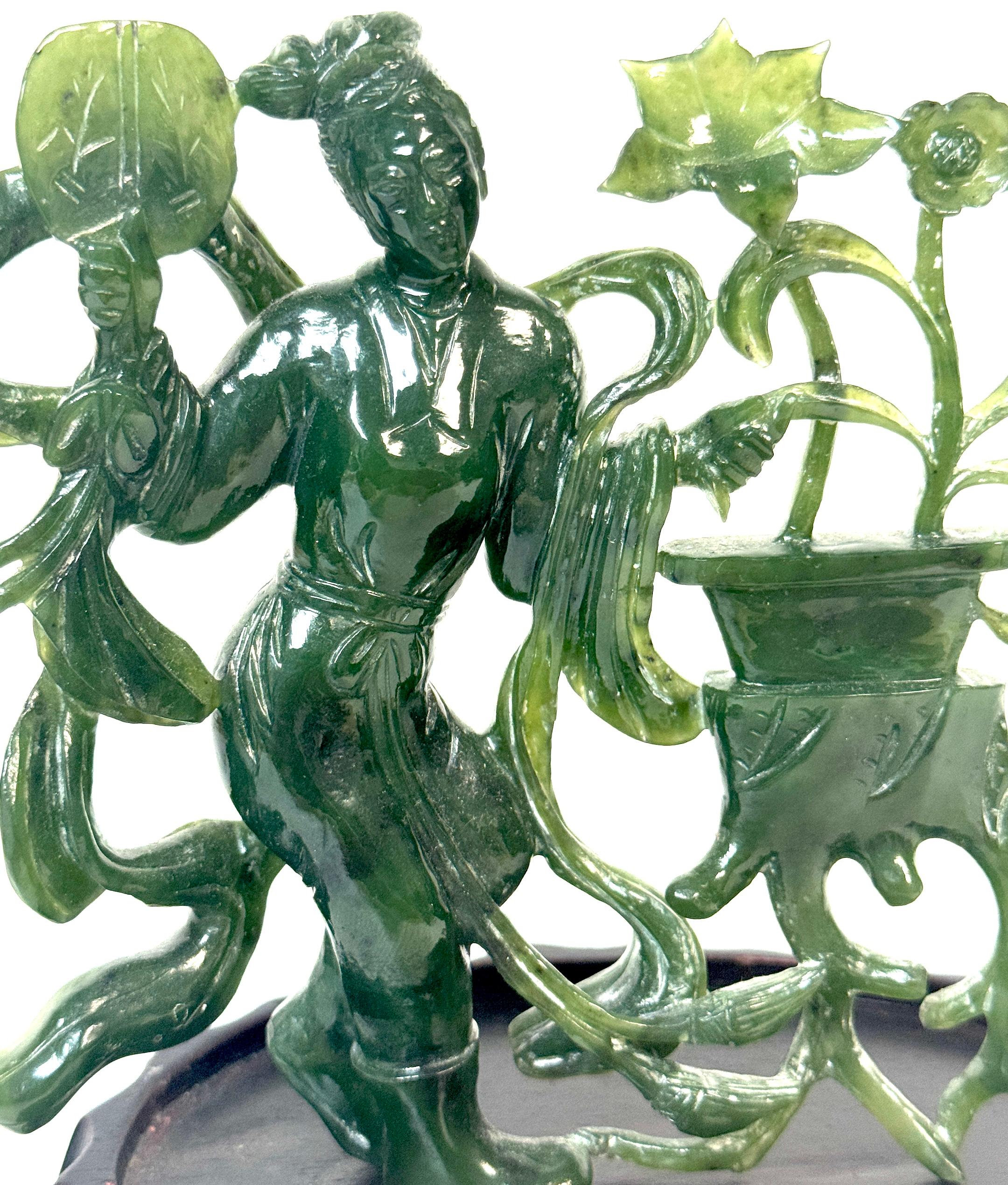 Chinese Spinach Nephrite Jade Immortal with Lotus, Mid-20th Century For Sale 8