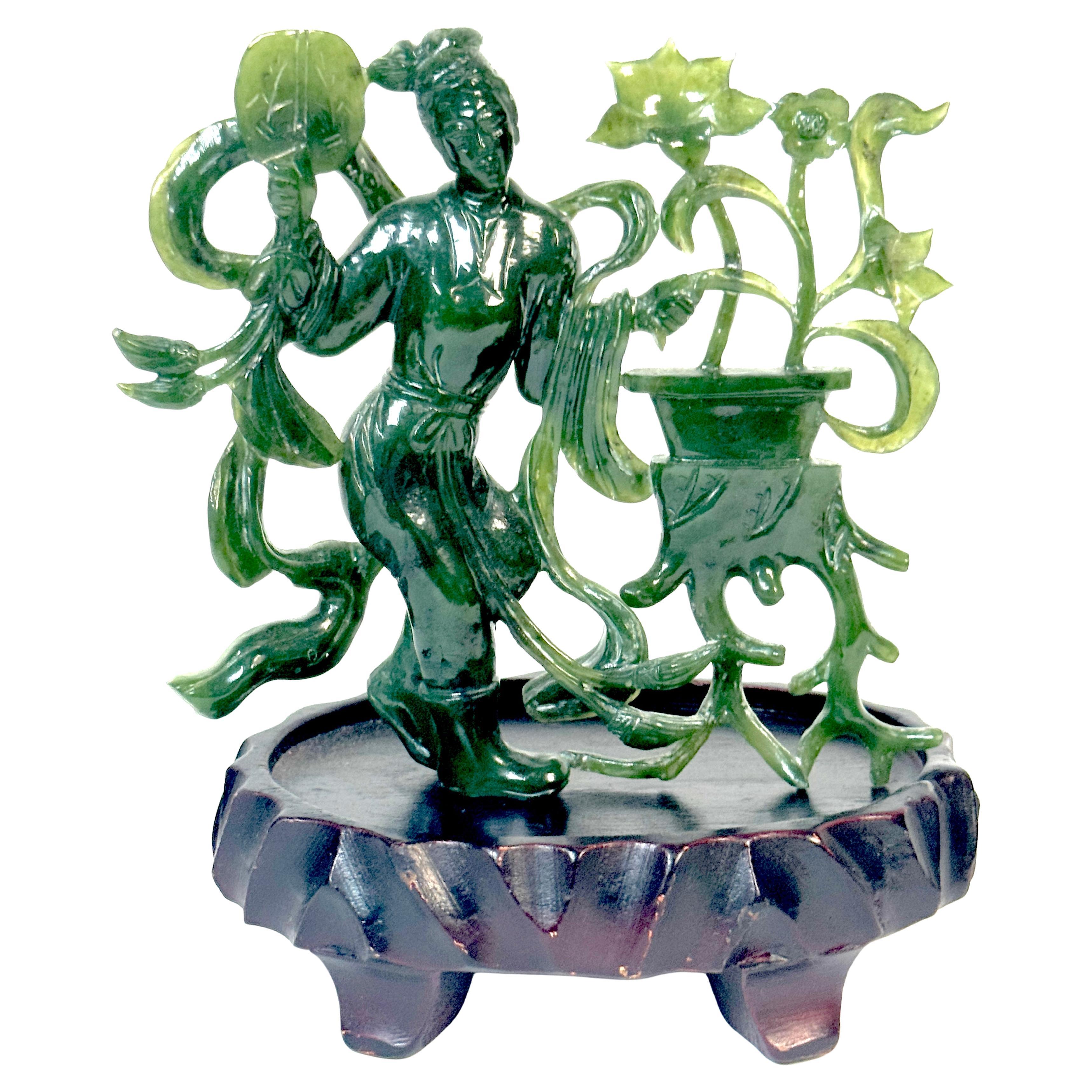Chinese Export Chinese Spinach Nephrite Jade Immortal with Lotus, Mid-20th Century For Sale