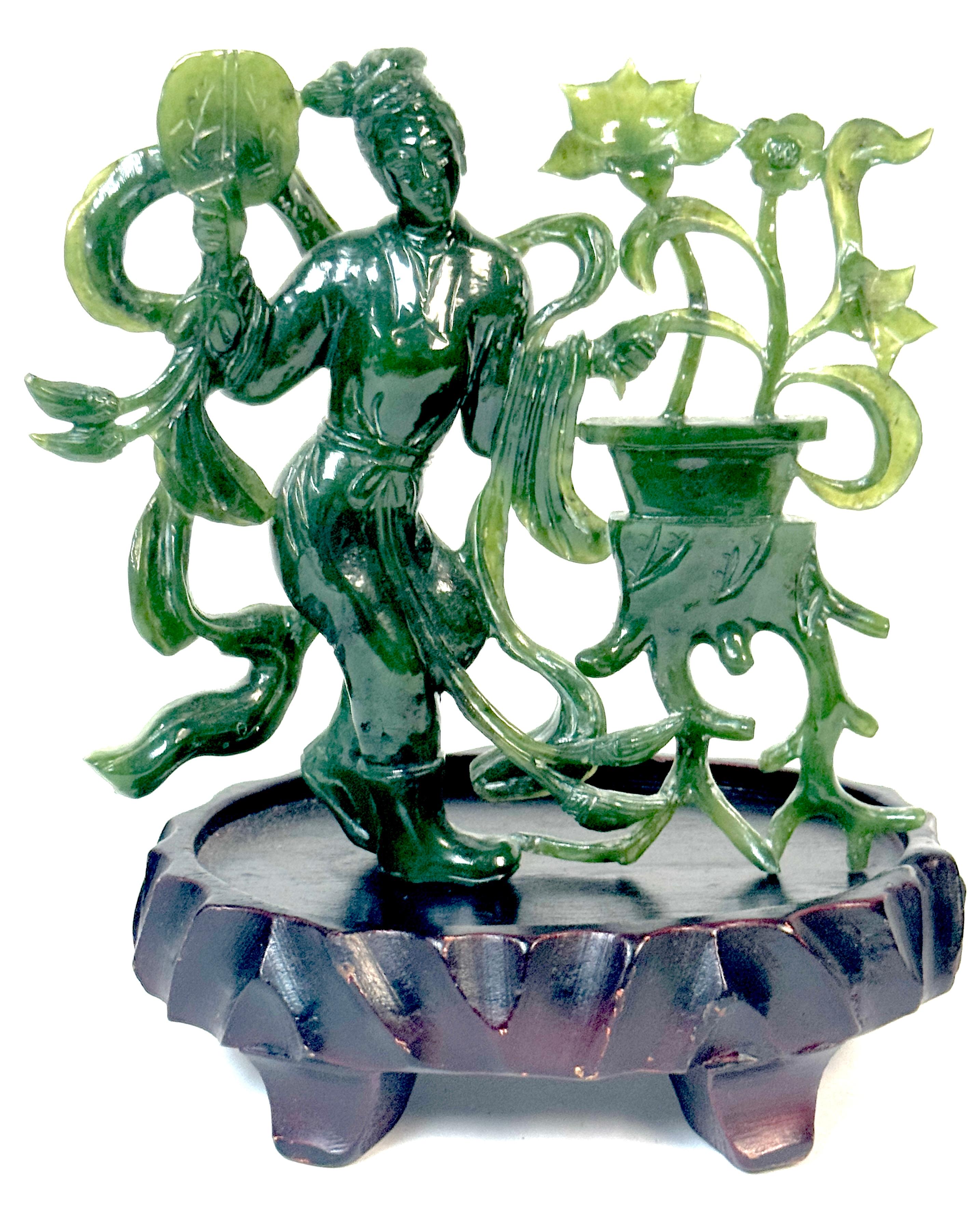 Hand-Carved Chinese Spinach Nephrite Jade Immortal with Lotus, Mid-20th Century For Sale