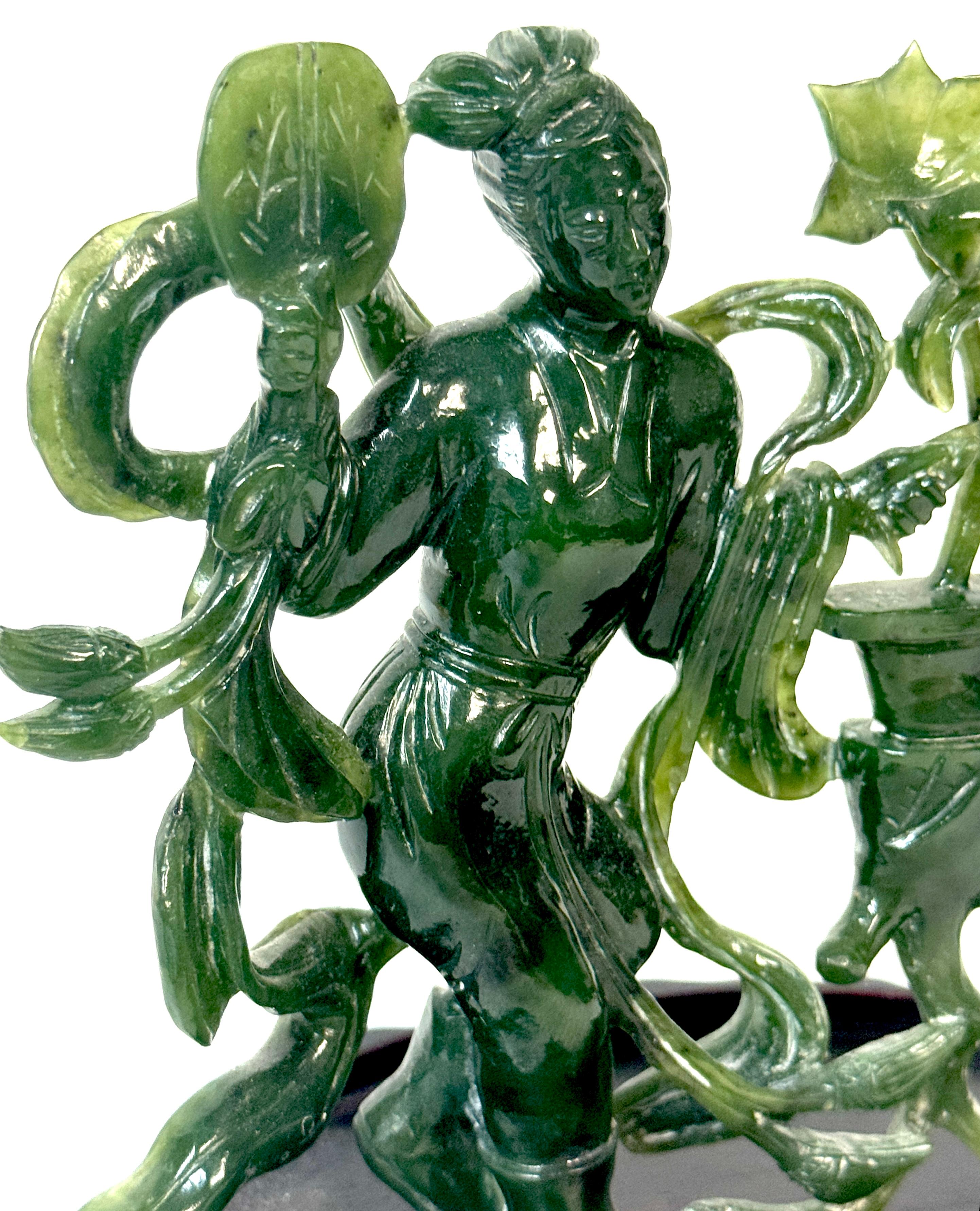 Chinese Spinach Nephrite Jade Immortal with Lotus, Mid-20th Century In Good Condition For Sale In West Palm Beach, FL