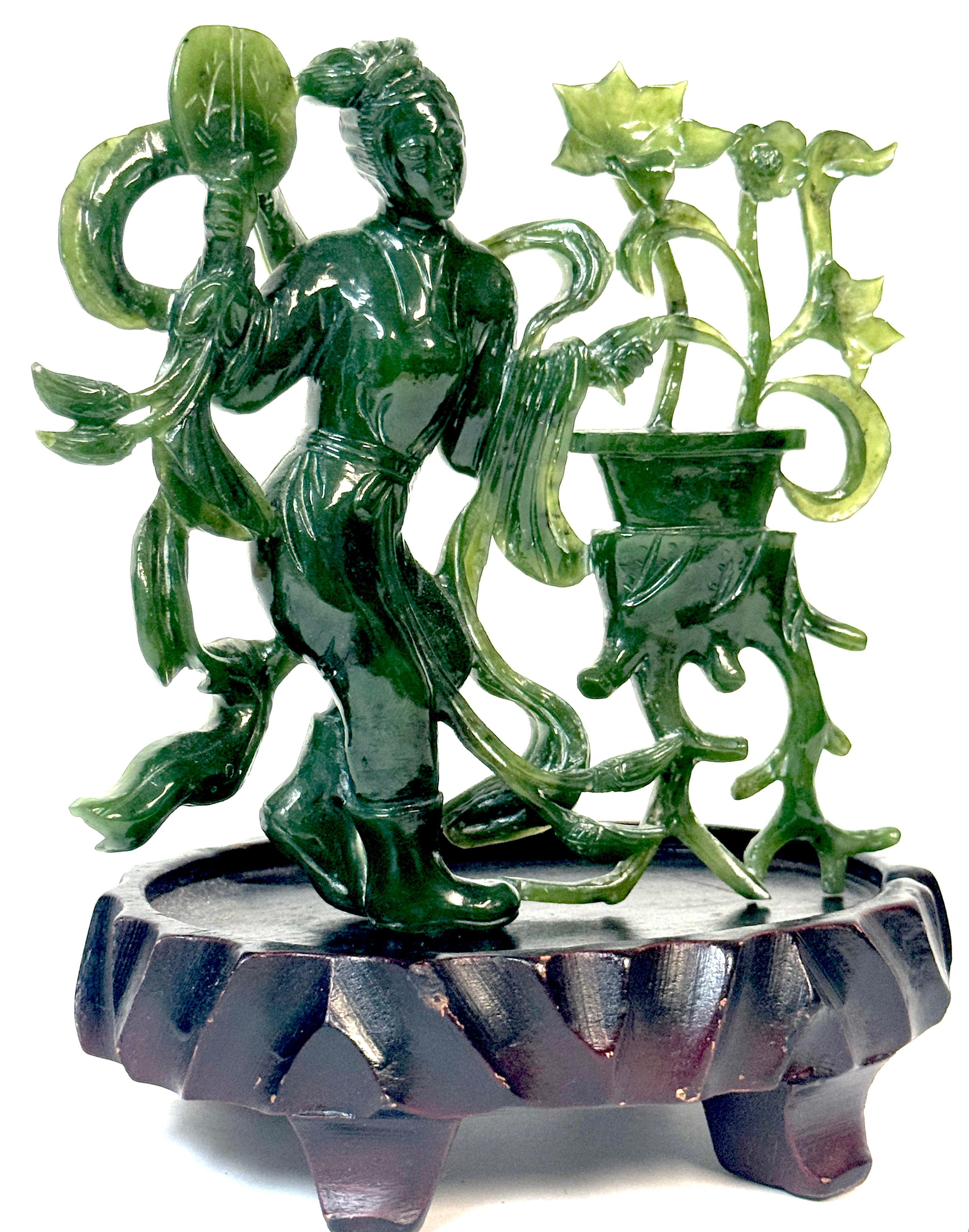 Chinese Spinach Nephrite Jade Immortal with Lotus, Mid-20th Century For Sale 1