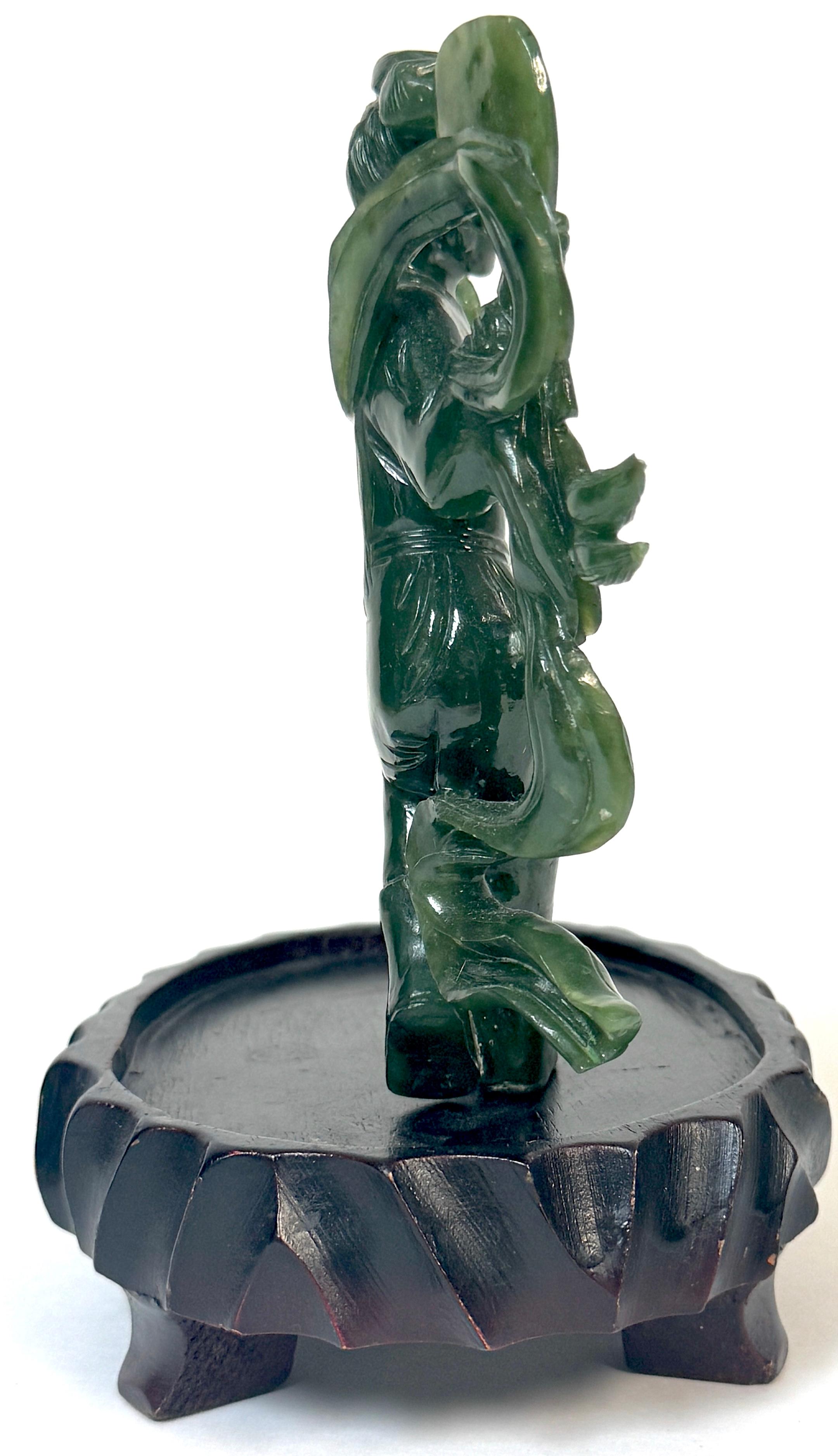Chinese Spinach Nephrite Jade Immortal with Lotus, Mid-20th Century For Sale 2