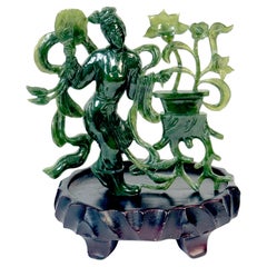Chinese Spinach Nephrite Jade Immortal with Lotus, Mid-20th Century