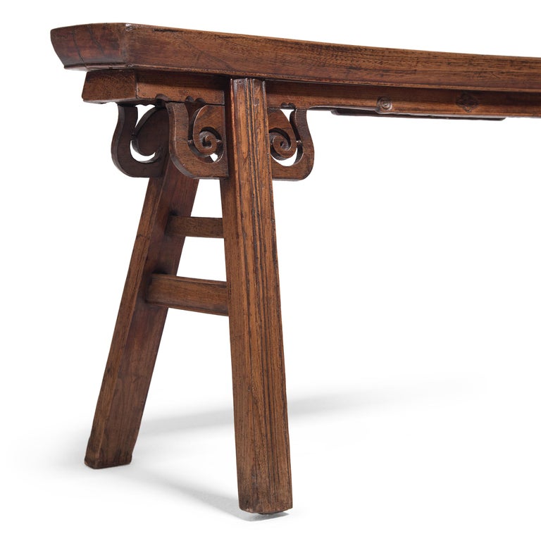 Elm Chinese Splayed Leg Bench with Spiral Spandrels, c. 1900 For Sale