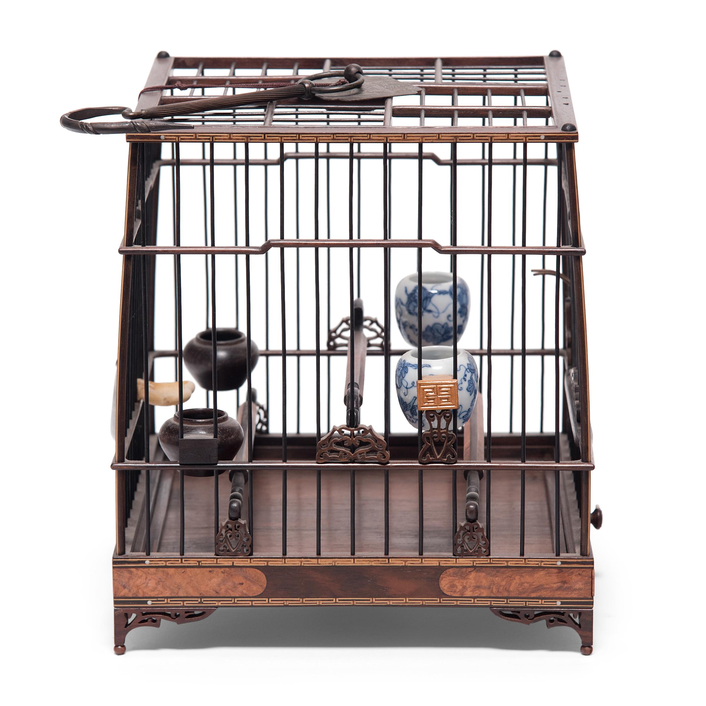 Qing Chinese Square Birdcage with Burl Inlay, circa 1850