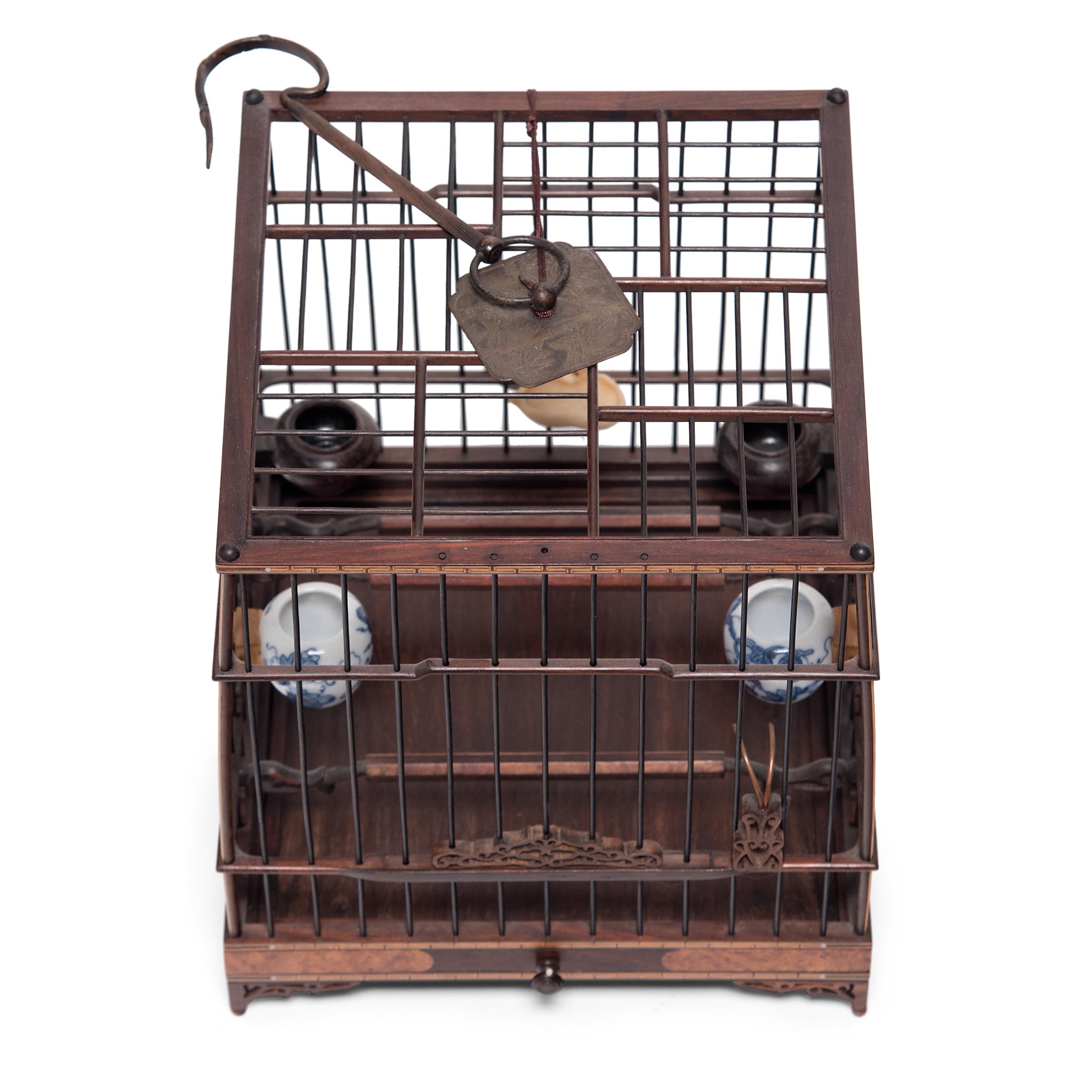 Chinese Square Birdcage with Burl Inlay, circa 1850 In Good Condition In Chicago, IL