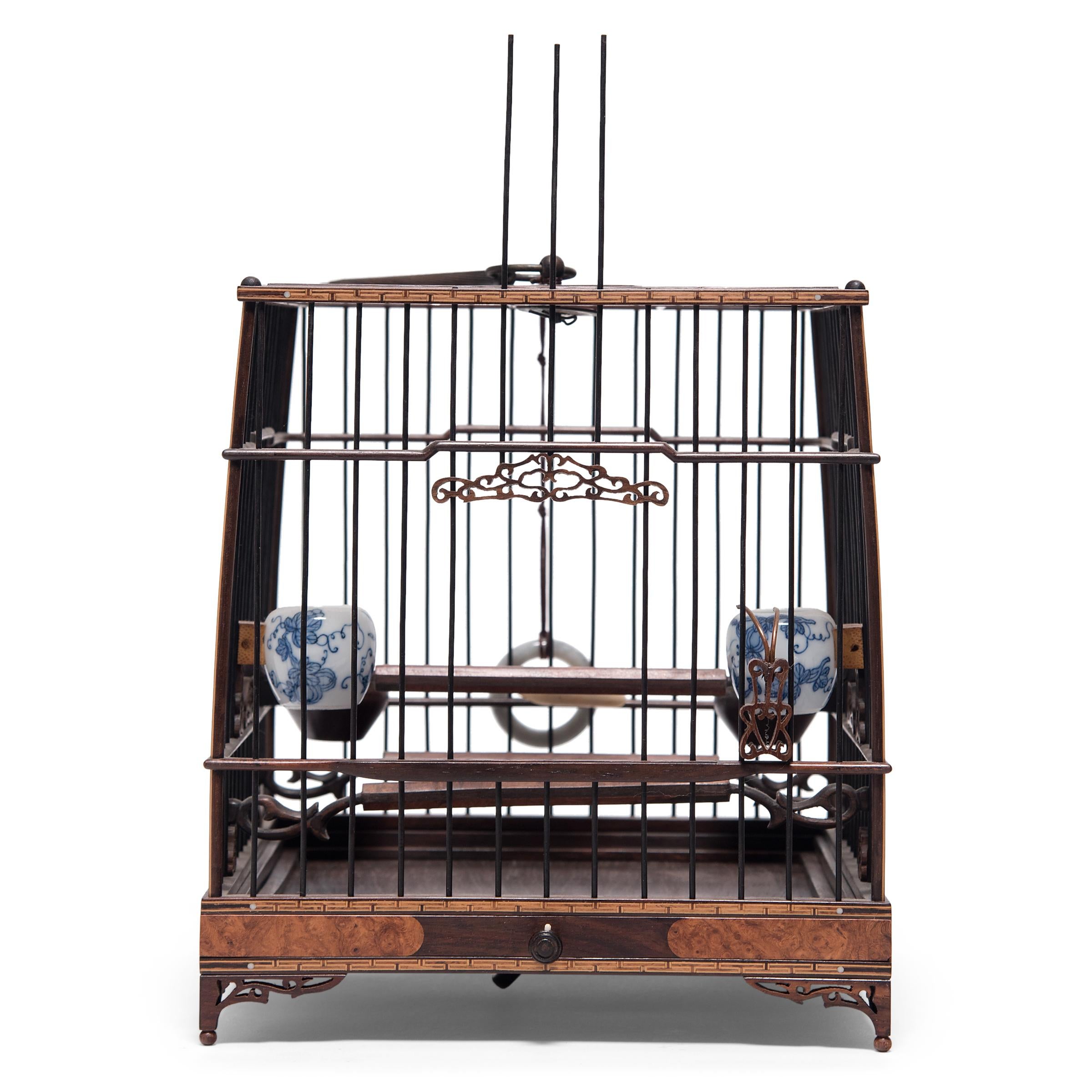 19th Century Chinese Square Birdcage with Burl Inlay, circa 1850