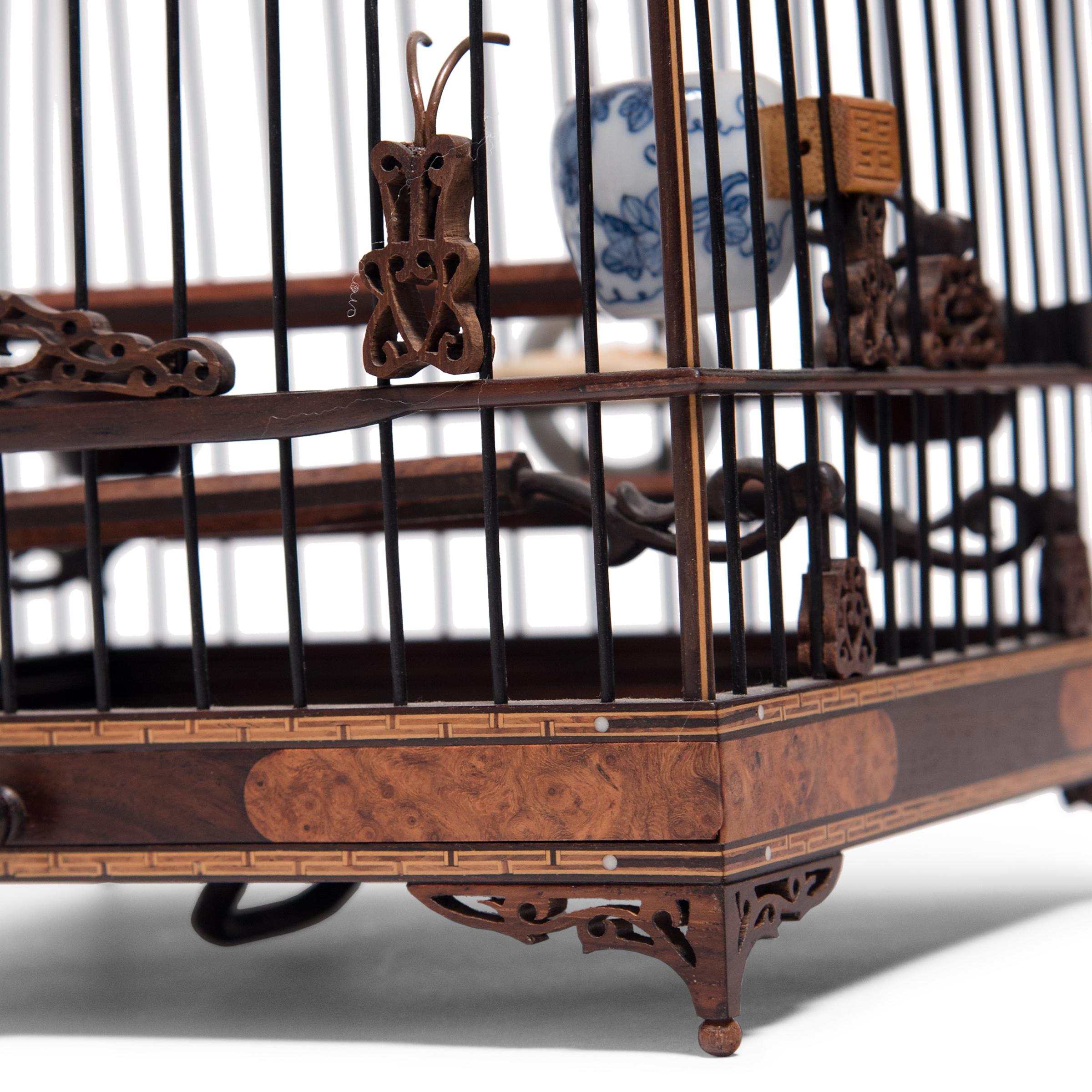 Hardwood Chinese Square Birdcage with Burl Inlay, circa 1850