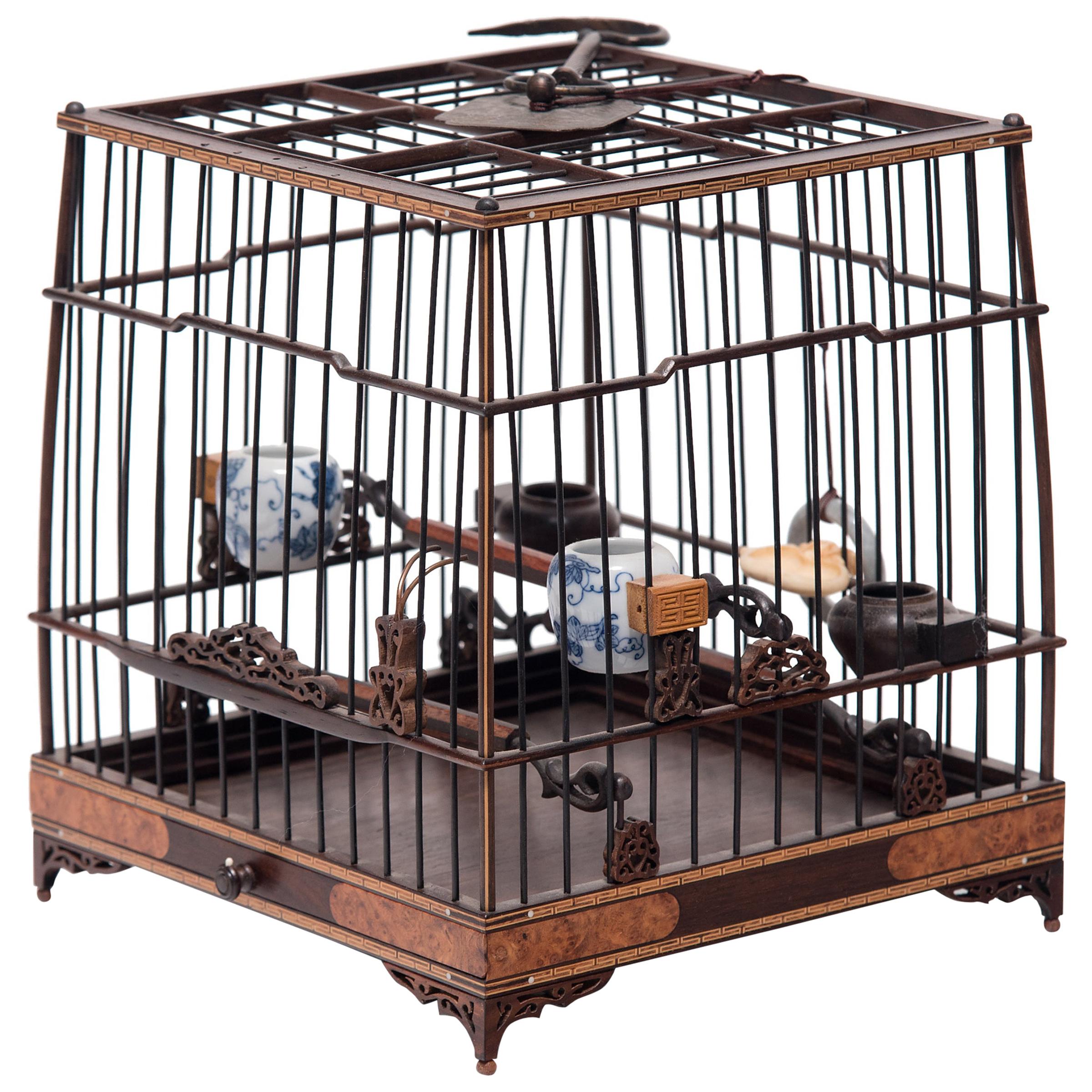 Chinese Square Birdcage with Burl Inlay, circa 1850