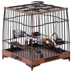 Used Chinese Square Birdcage with Burl Inlay, circa 1850