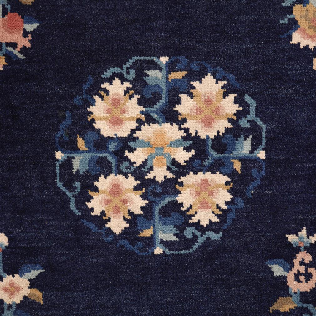 Qing Chinese Square Blue Peking Floral Rug, Early 20th Century