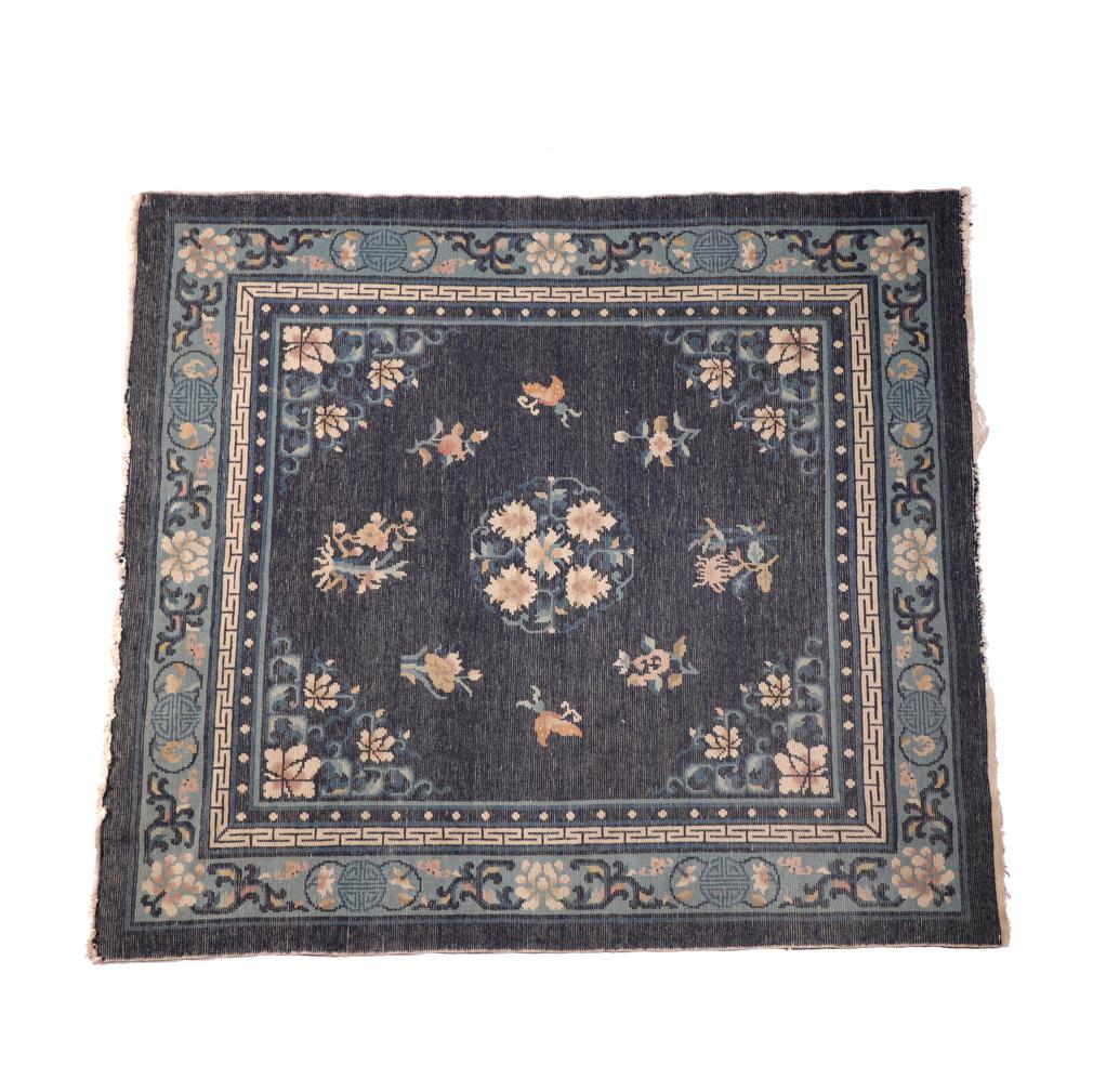 Hand-Knotted Chinese Square Blue Peking Floral Rug, Early 20th Century