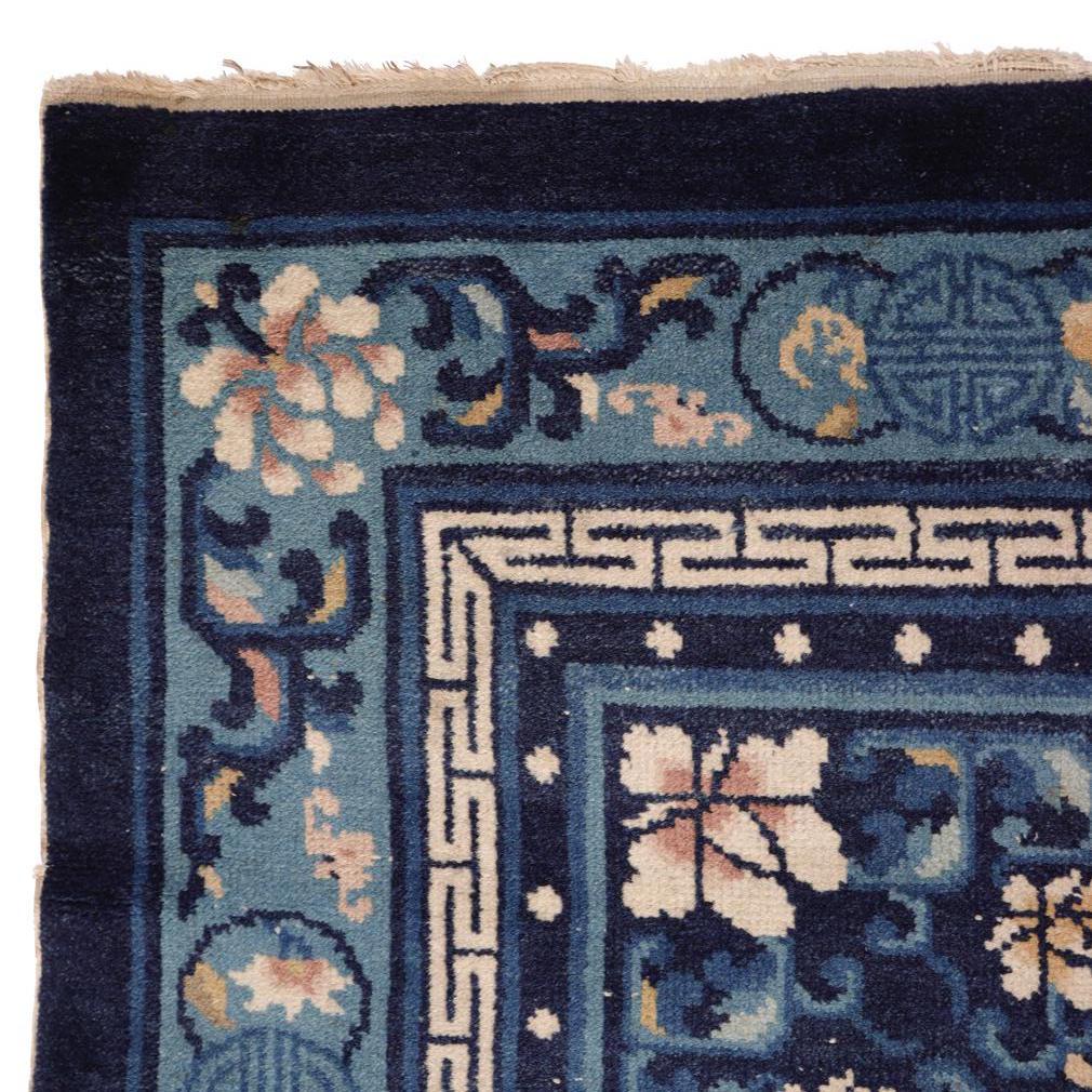 Chinese Square Blue Peking Floral Rug, Early 20th Century In Fair Condition In New York, NY