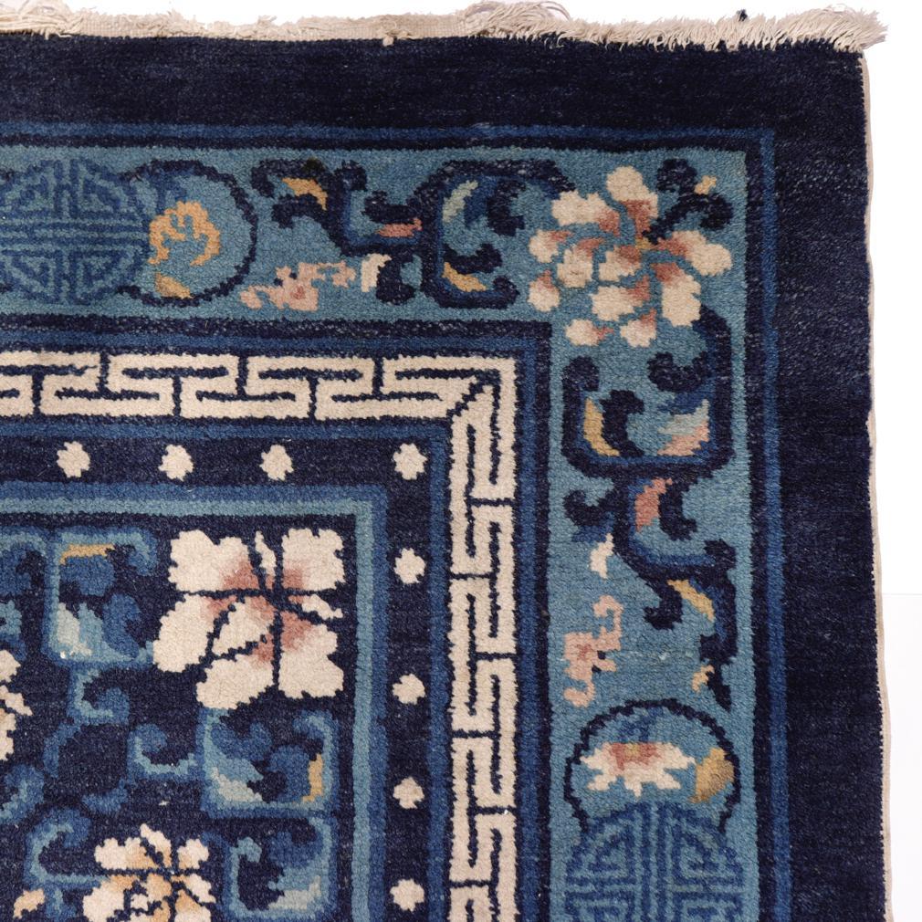 Wool Chinese Square Blue Peking Floral Rug, Early 20th Century