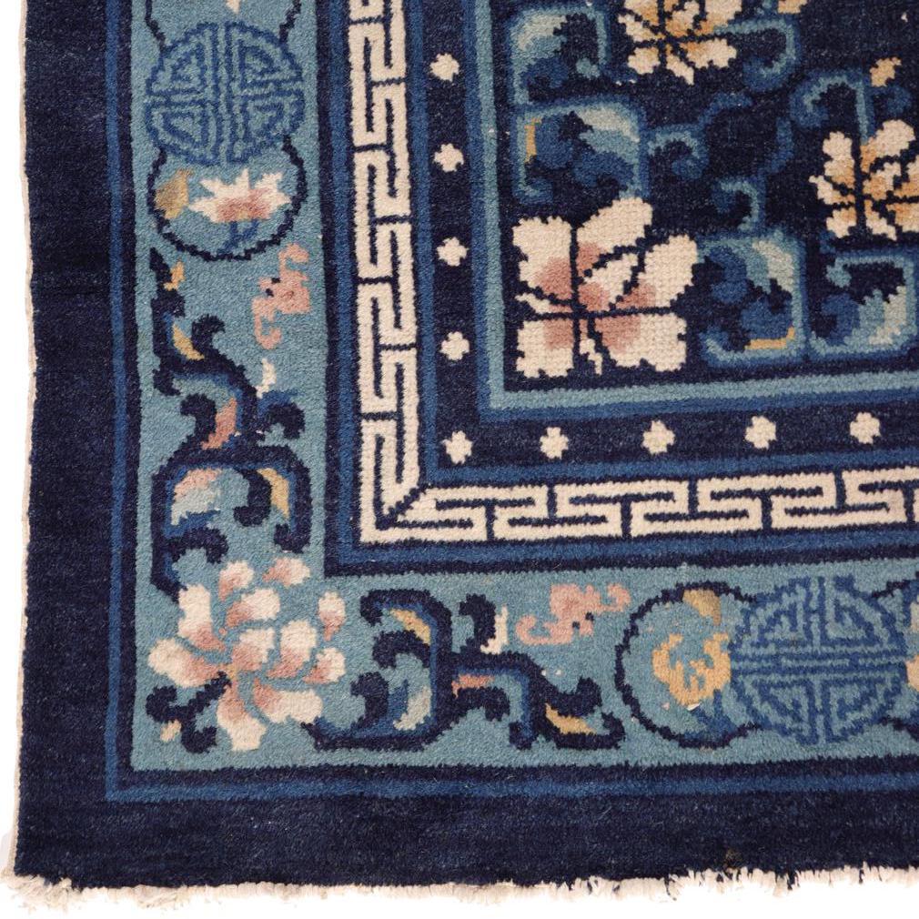 Chinese Square Blue Peking Floral Rug, Early 20th Century 1