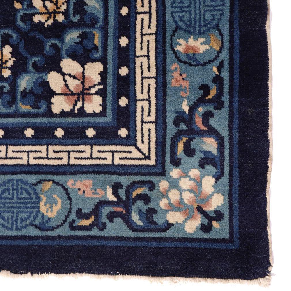 Chinese Square Blue Peking Floral Rug, Early 20th Century 2
