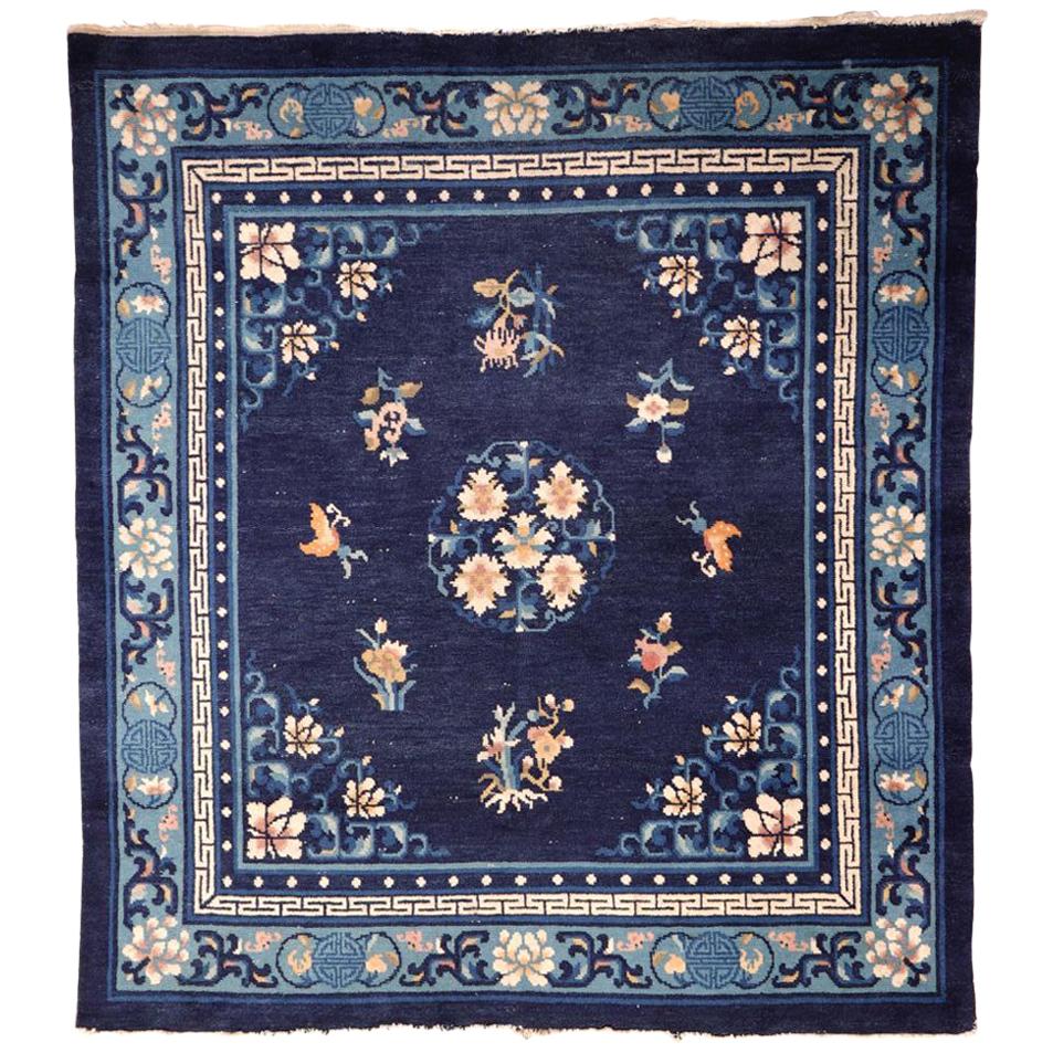 Chinese Square Blue Peking Floral Rug, Early 20th Century