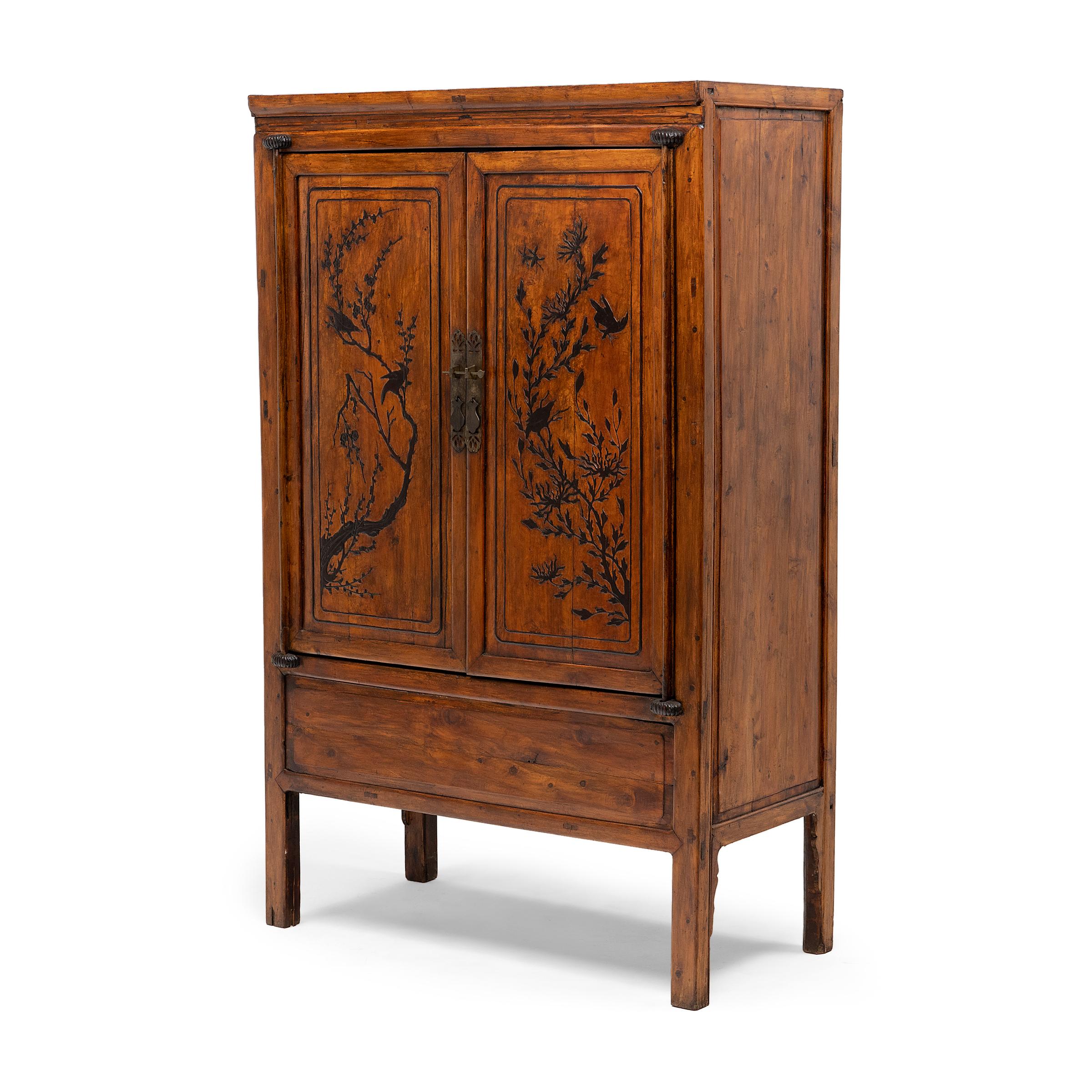 Qing Chinese Bird-and-Flower Square Corner Cabinet, c. 1900 For Sale