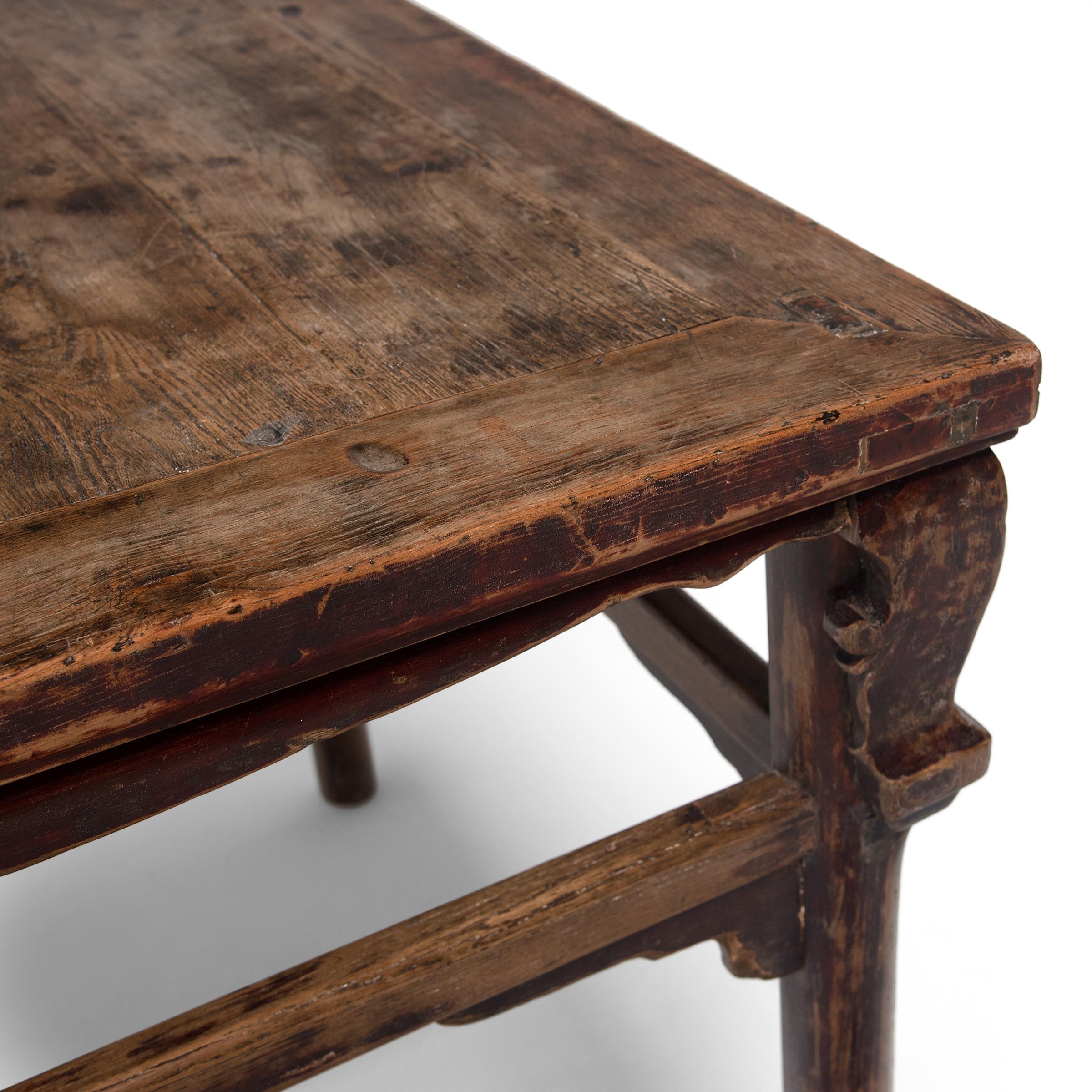 Elm Chinese Square Display Table with Scroll Corners, circa 1850 For Sale