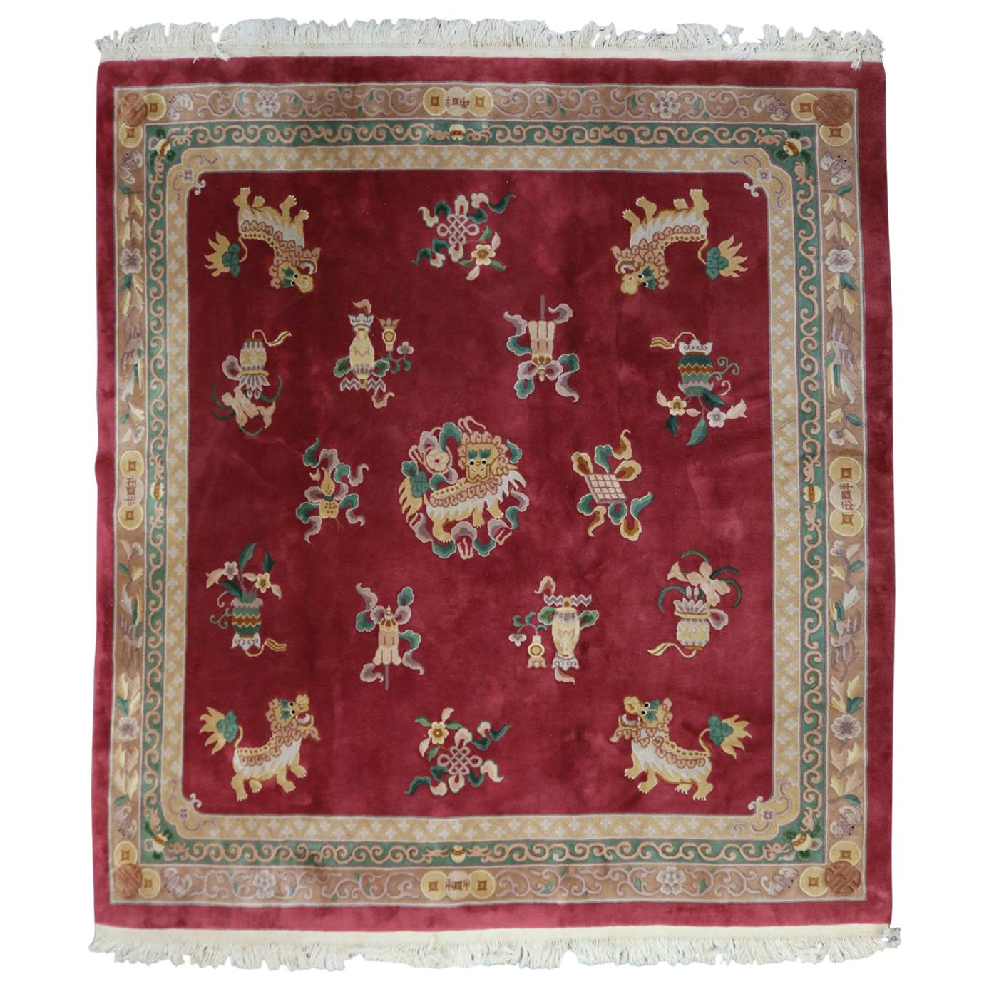 Chinese Square Nichols School Hand-Knotted Wool Foo Dog Rug