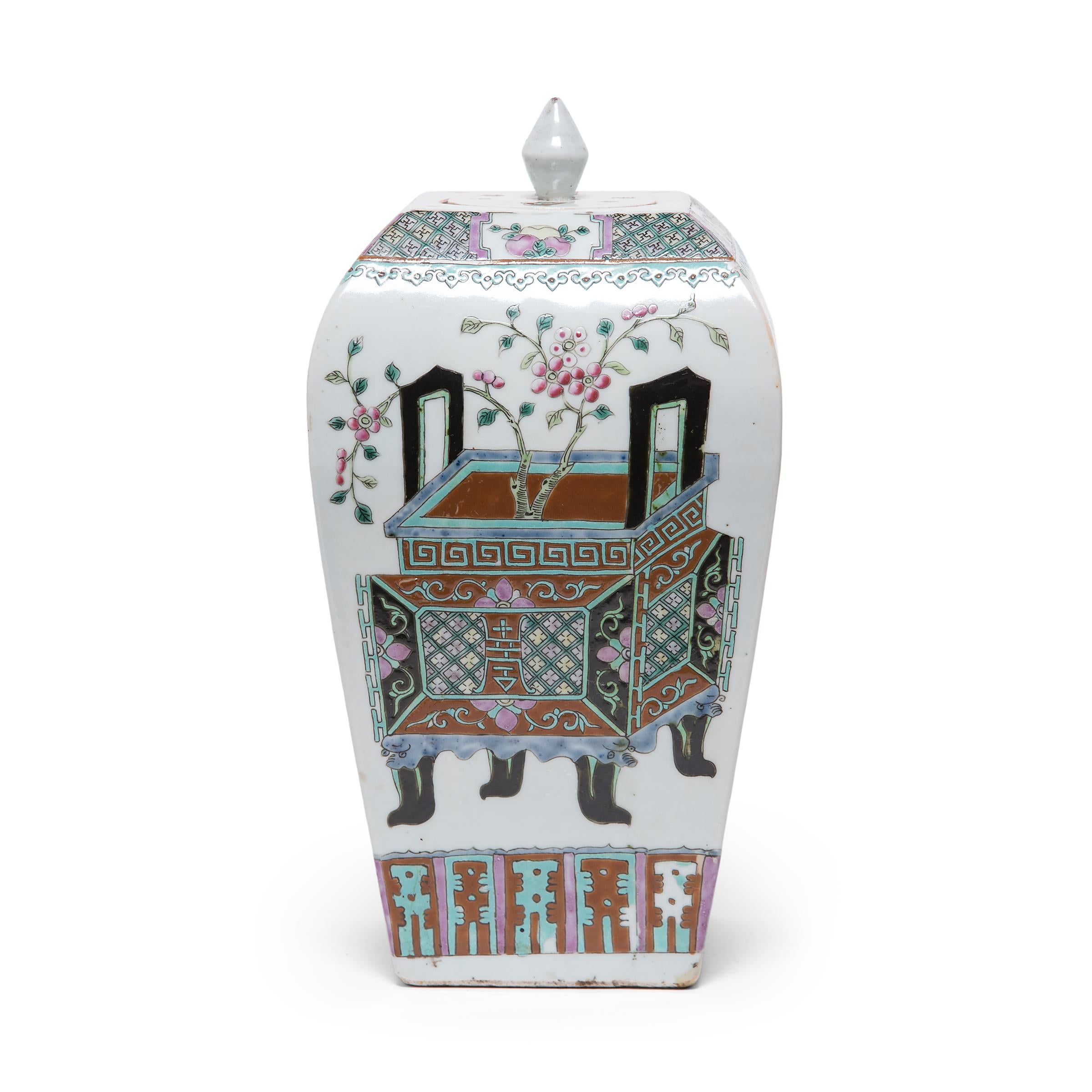 Chinese Export Chinese Squared Famille Rose Ginger Jar with Ritual Vessels, c. 1900 For Sale