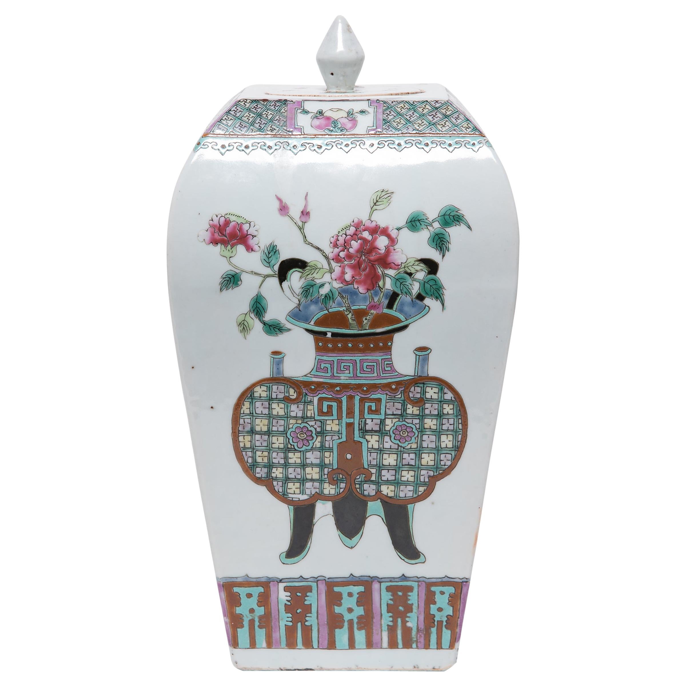 Chinese Squared Famille Rose Ginger Jar with Ritual Vessels, c. 1900