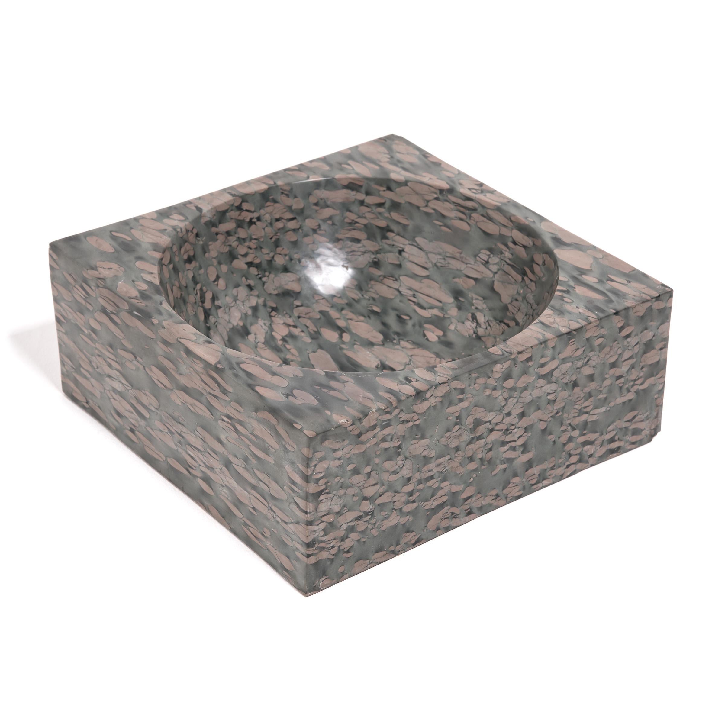 Hand-Carved Chinese Squared Zhenzhu Stone Basin For Sale
