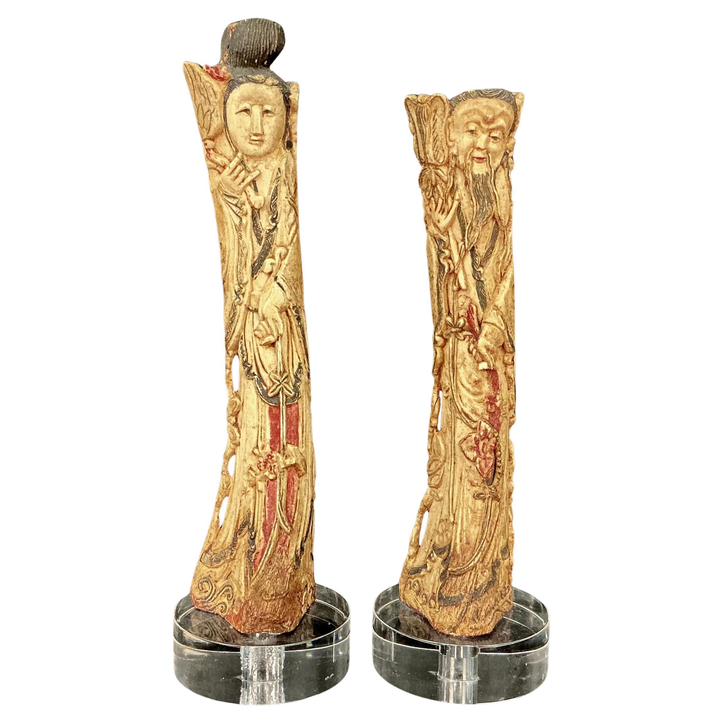 Chinese Stained and Carved Bone Ancestral Figures, A Pair