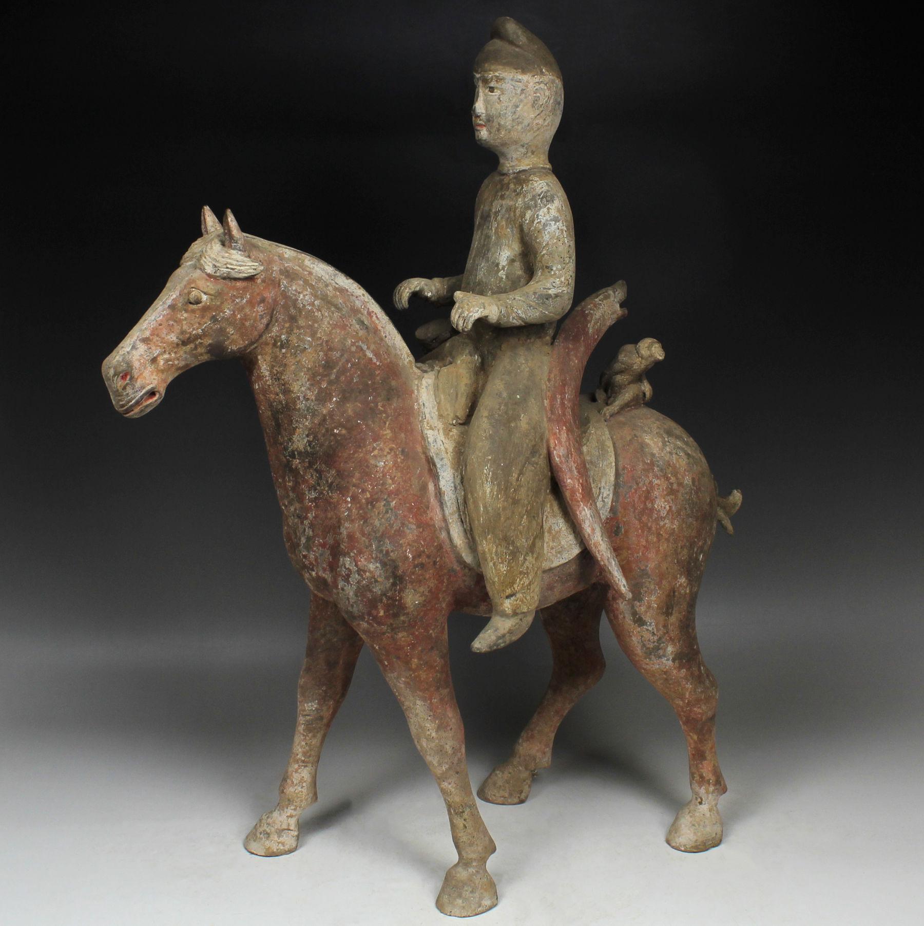 ITEM: Statuette of a horse with rider
MATERIAL: Pottery
CULTURE: Chinese, Tang Dynasty
PERIOD: 618 – 907 A.D
DIMENSIONS: 520 mm x 420 mm x 180 mm
CONDITION: Good condition. Includes Thermoluminescence test by Laboratory Kotalla (Reference