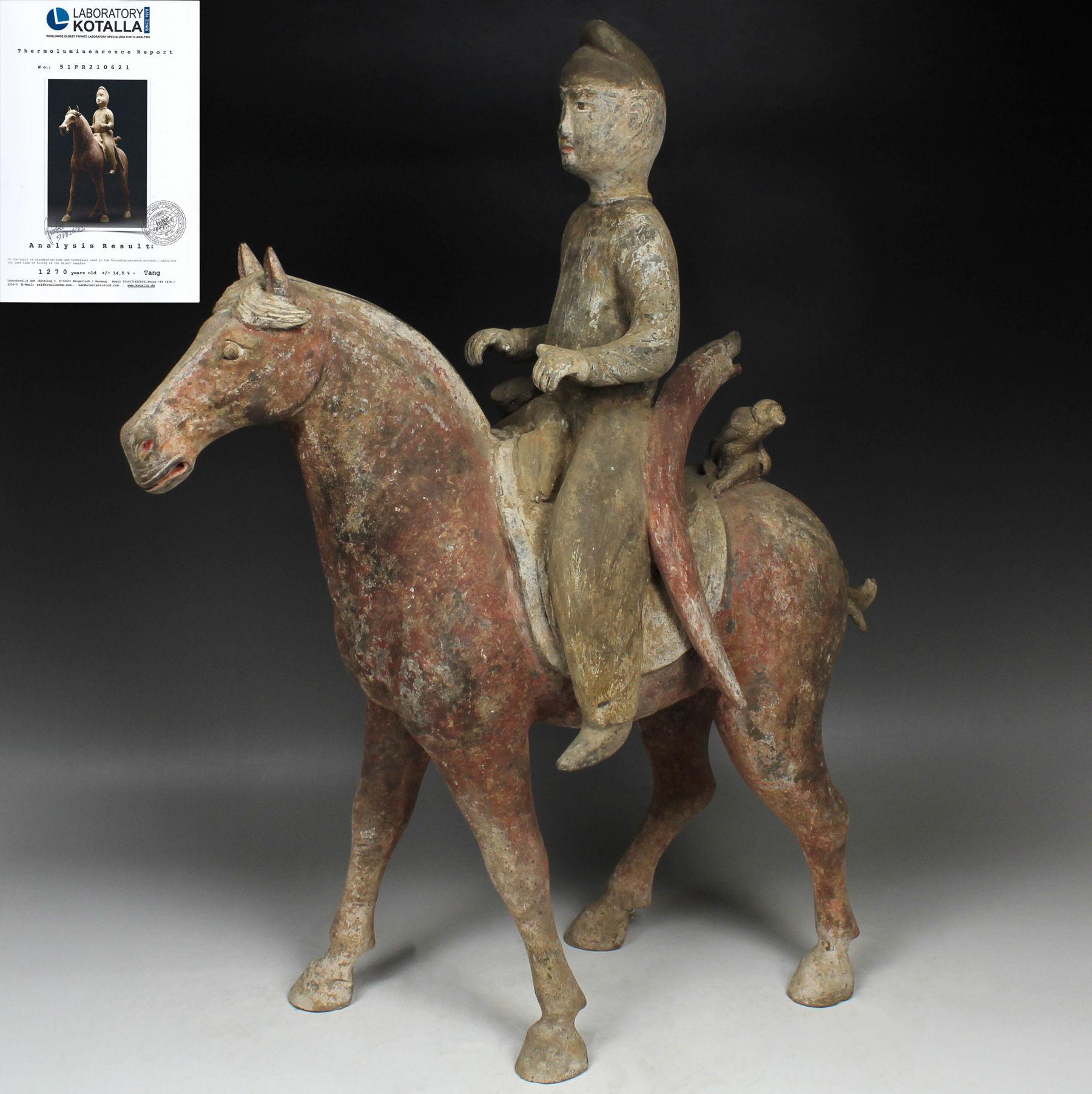 Tang Chinese statuette of a horse with rider For Sale